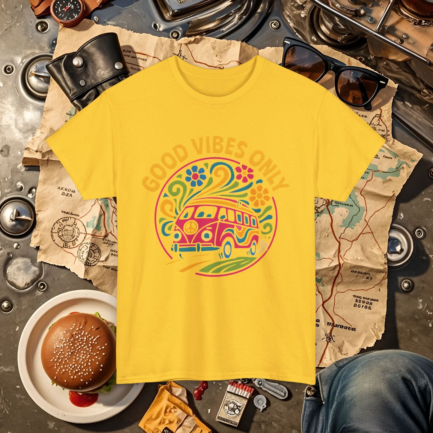 Good Vibes Only T-Shirt – Retro Hippie Van with 70s-Inspired Positivity Road Trip & Vehicle Travel T-Shirts | Car, RV, and Motorcycle Adventure Tees