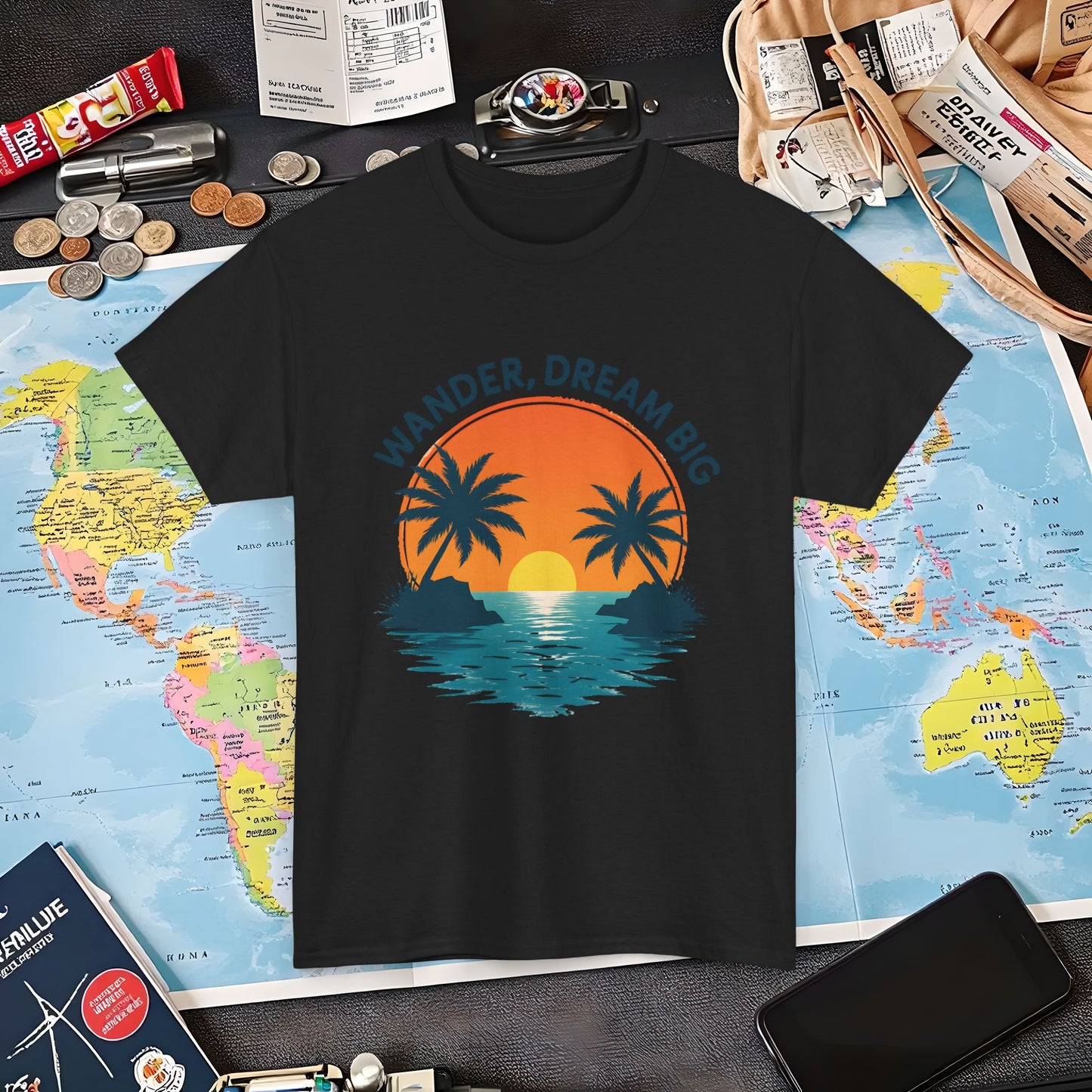 Wander Dream Big T-Shirt – Tropical Sunset with Palm Silhouettes Design Air Travel T-Shirts | Jetsetter, Airport, and International Flight Tees