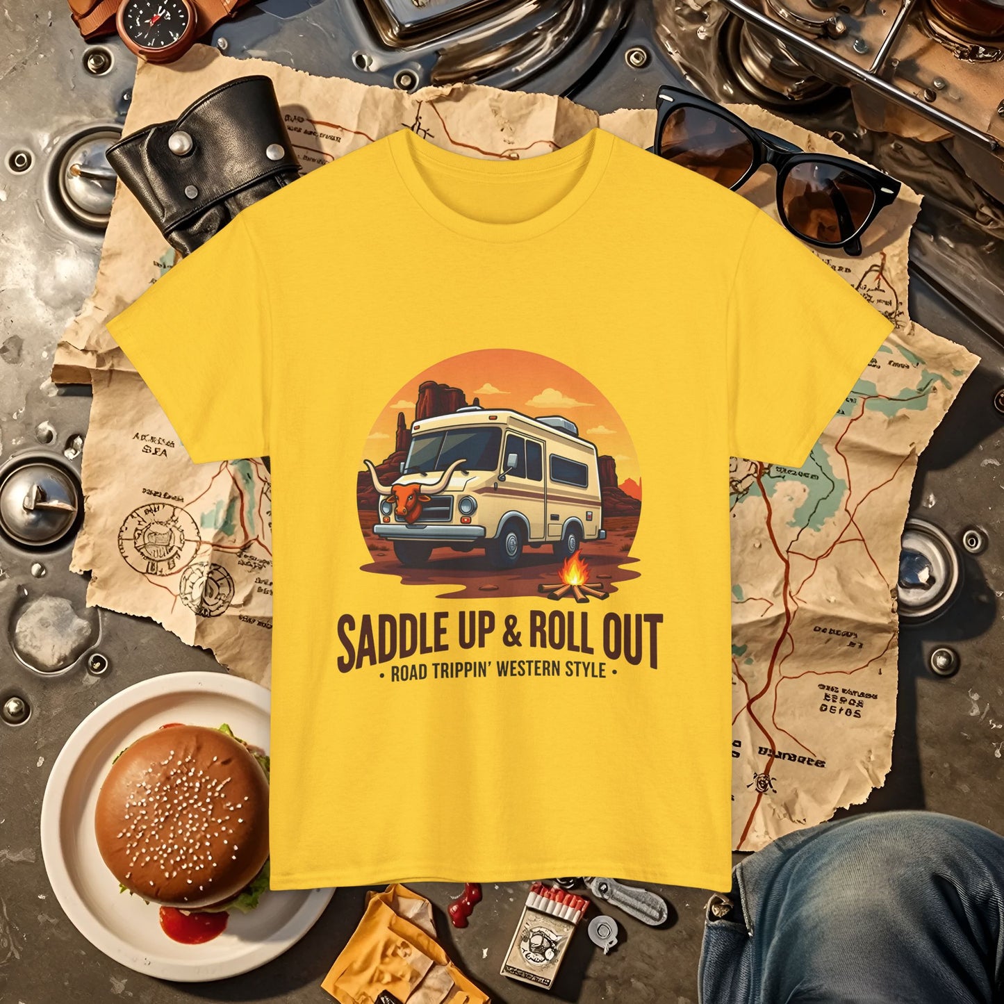Saddle Up and Roll out Road Trip & Vehicle Travel T-Shirts | Car, RV, and Motorcycle Adventure Tees