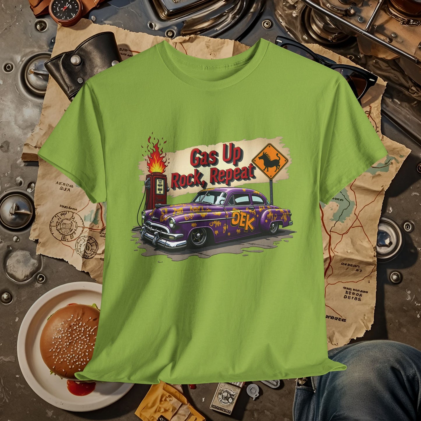 Gas Up, Rock and Repeat Road Trip & Vehicle Travel T-Shirts | Car, RV, and Motorcycle Adventure Tees