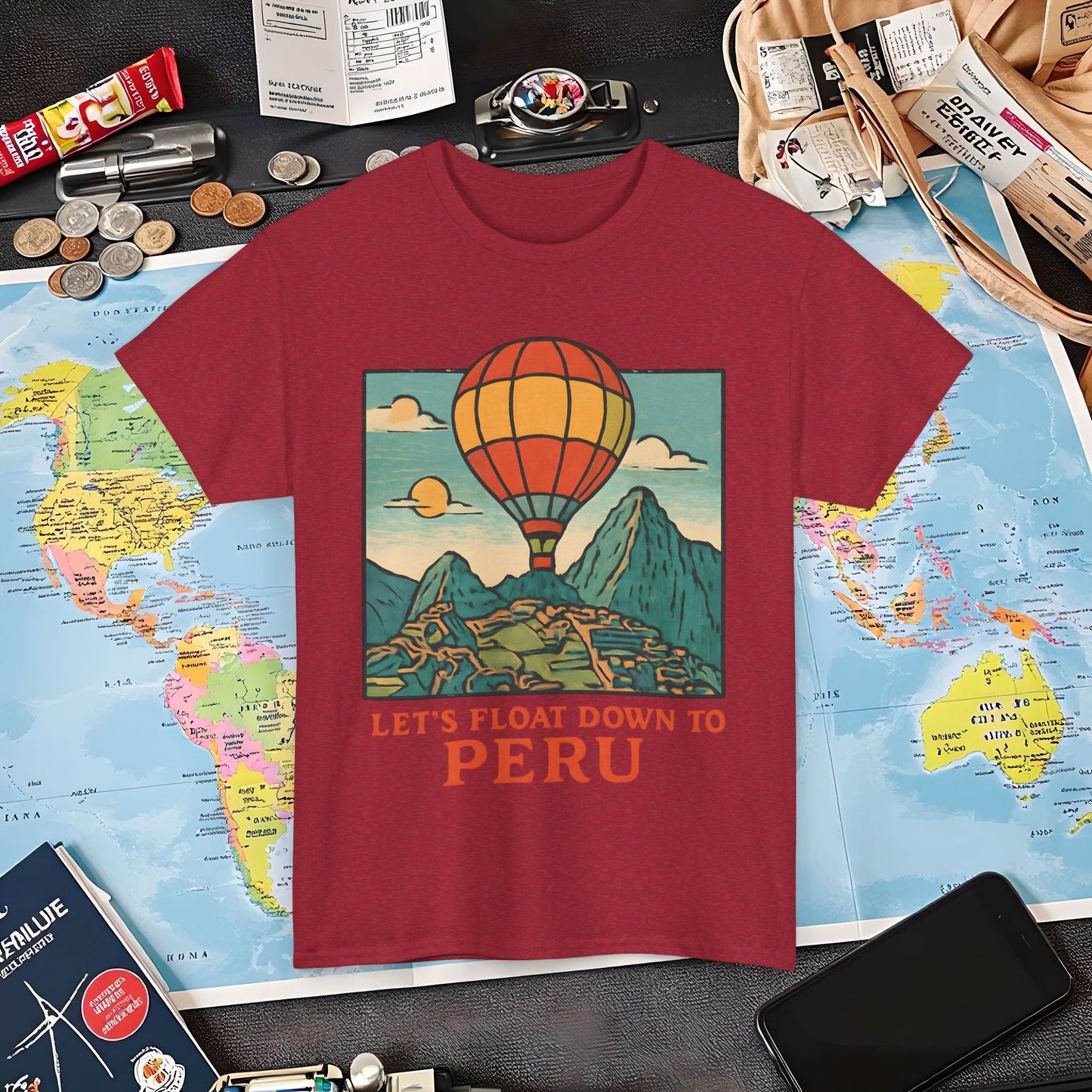 Let’s Float Down to Peru T-Shirt – Vintage Hot-Air Balloon Over Machu Picchu Design Air Travel T-Shirts | Jetsetter, Airport, and International Flight Tees