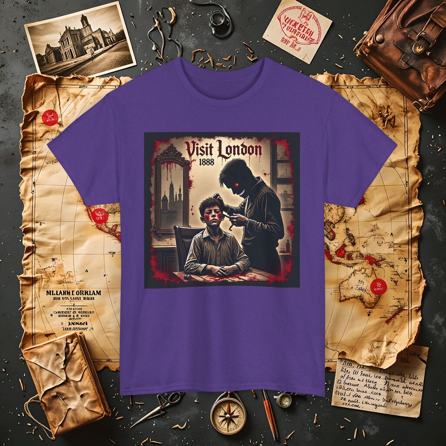 Visit London 1888 T-Shirt – Victorian Horror with Jack the Ripper and Evil Barber Art