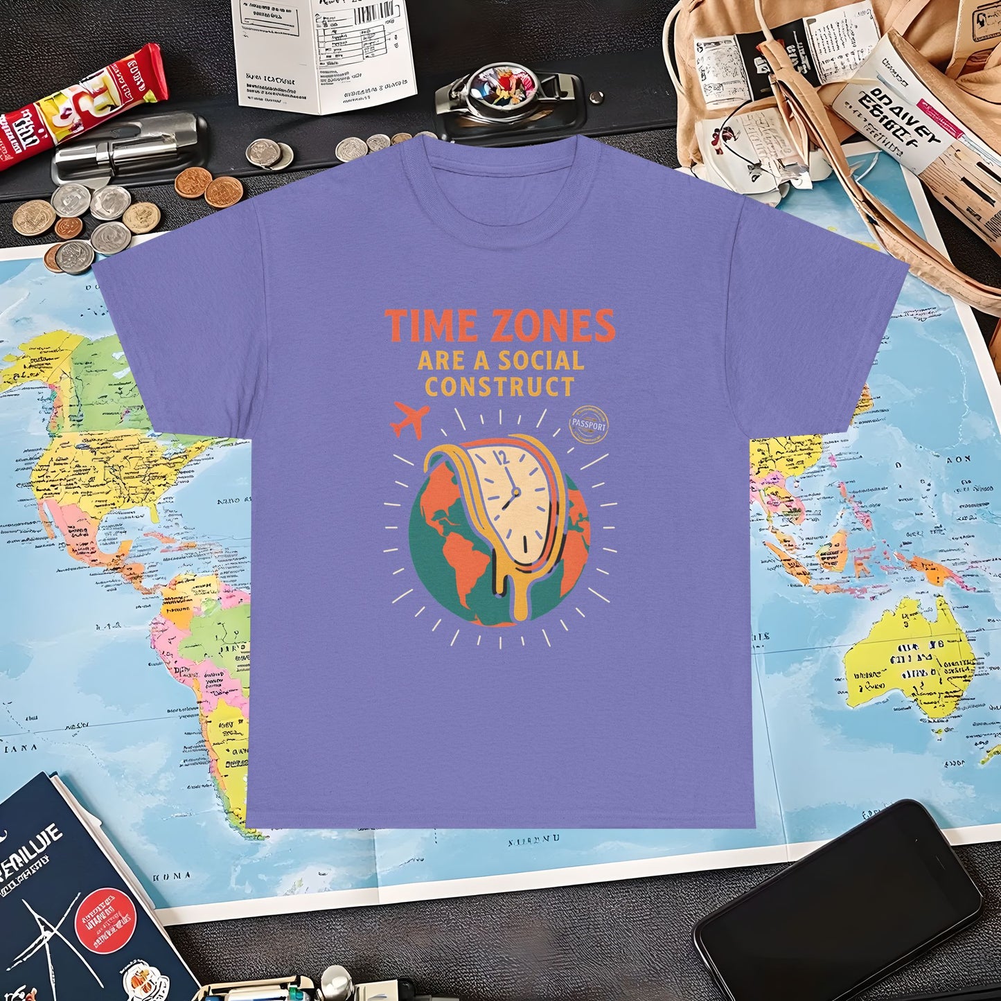 Time Zones Are a Social Construct Tee – Melting Clock Over World Map Travel Shirt Air Travel T-Shirts | Jetsetter, Airport, and International Flight Tees
