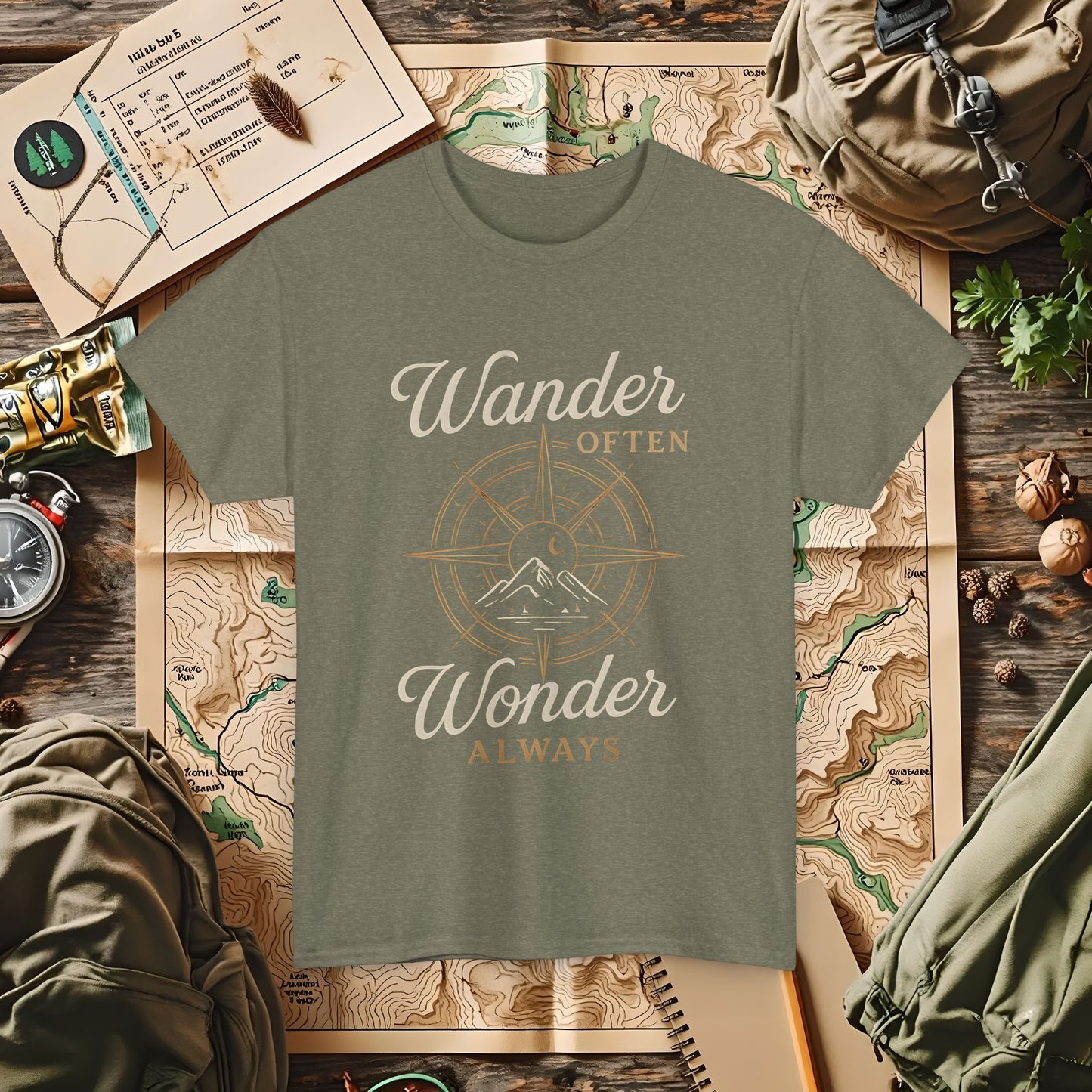 Wander Often, Wonder Always – Compass Quote Travel Tee | Camping, Hiking, Rafting & Kayaking Tees for Nature Lovers