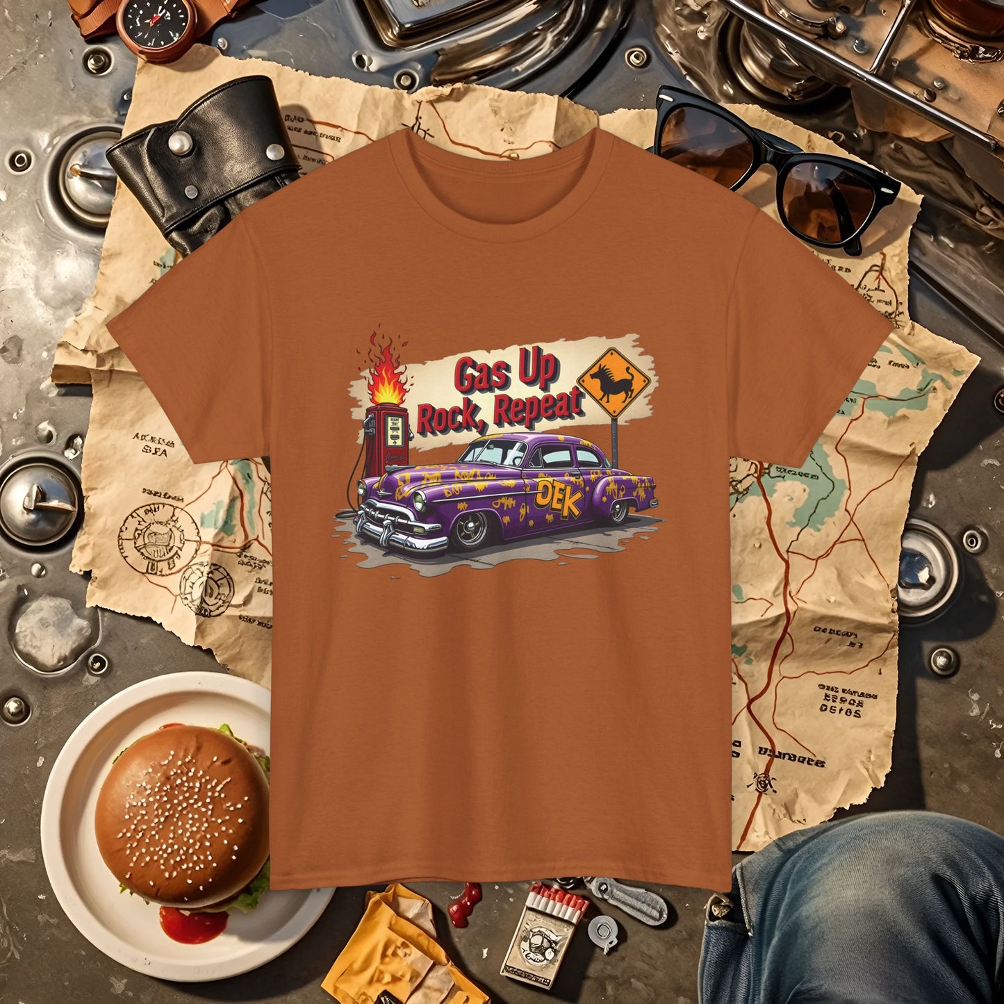 Gas Up, Rock and Repeat Road Trip & Vehicle Travel T-Shirts | Car, RV, and Motorcycle Adventure Tees