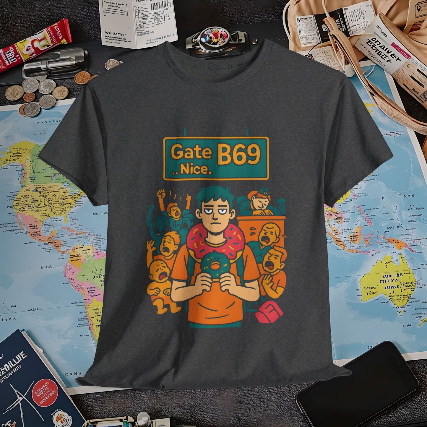 Gate B69 Deadpan Traveler T-Shirt — Chill at Chaotic Airport Terminal Layover Tee Air Travel T-Shirts | Jetsetter, Airport, and International Flight Tees