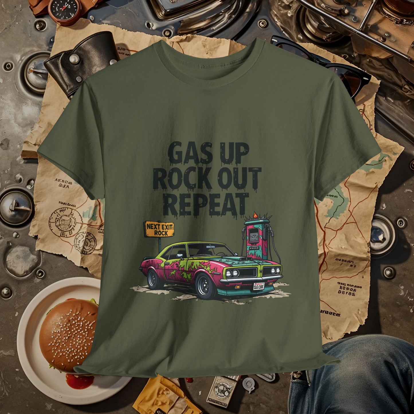 Gas Up, Rock Out and Repeat Road Trip & Vehicle Travel T-Shirts | Car, RV, and Motorcycle Adventure Tees