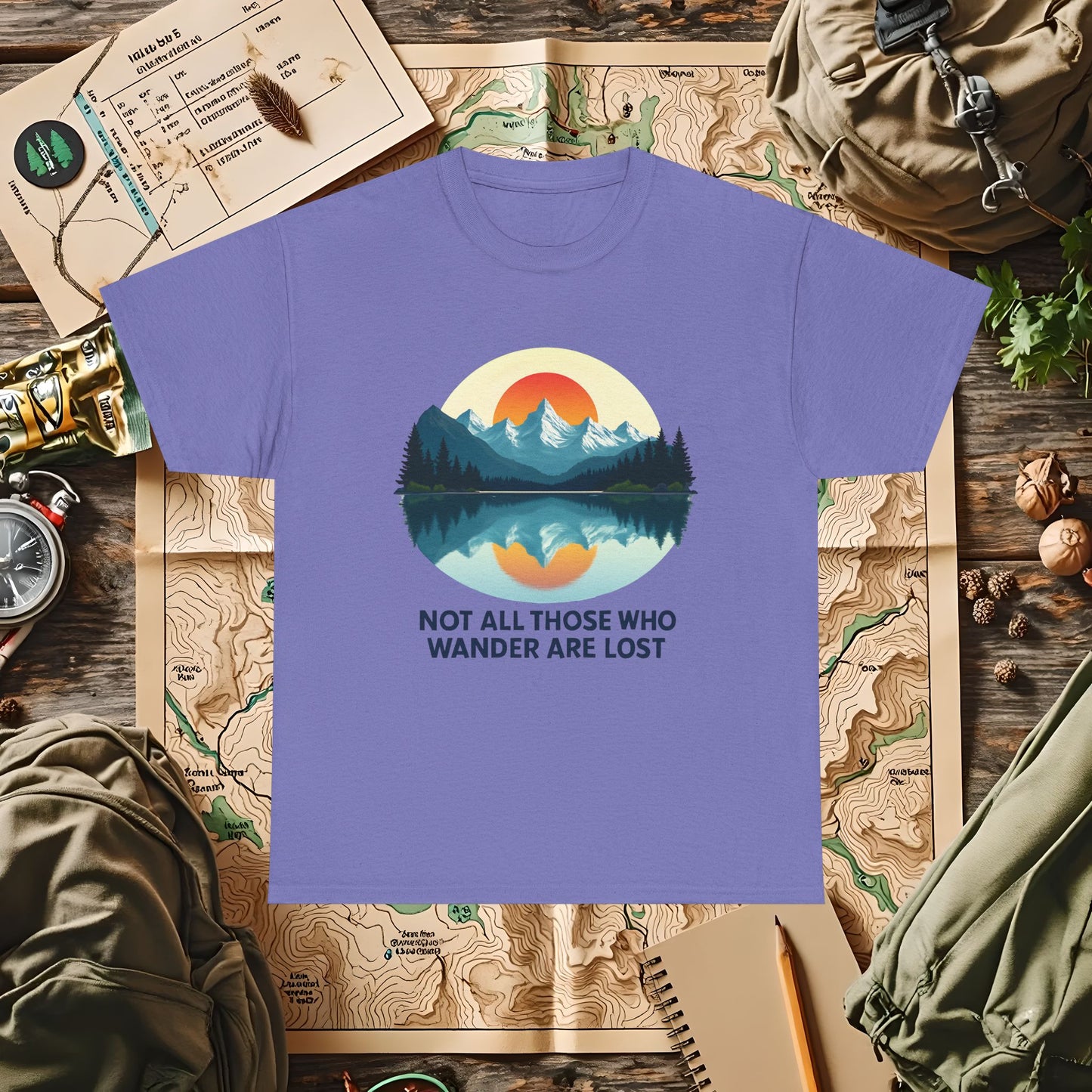 Not All Who Wander Are Lost T-Shirt – Sunset Over Mountain Lake and Forest Reflection Camping, Hiking, Rafting & Kayaking Tees for Nature Lovers