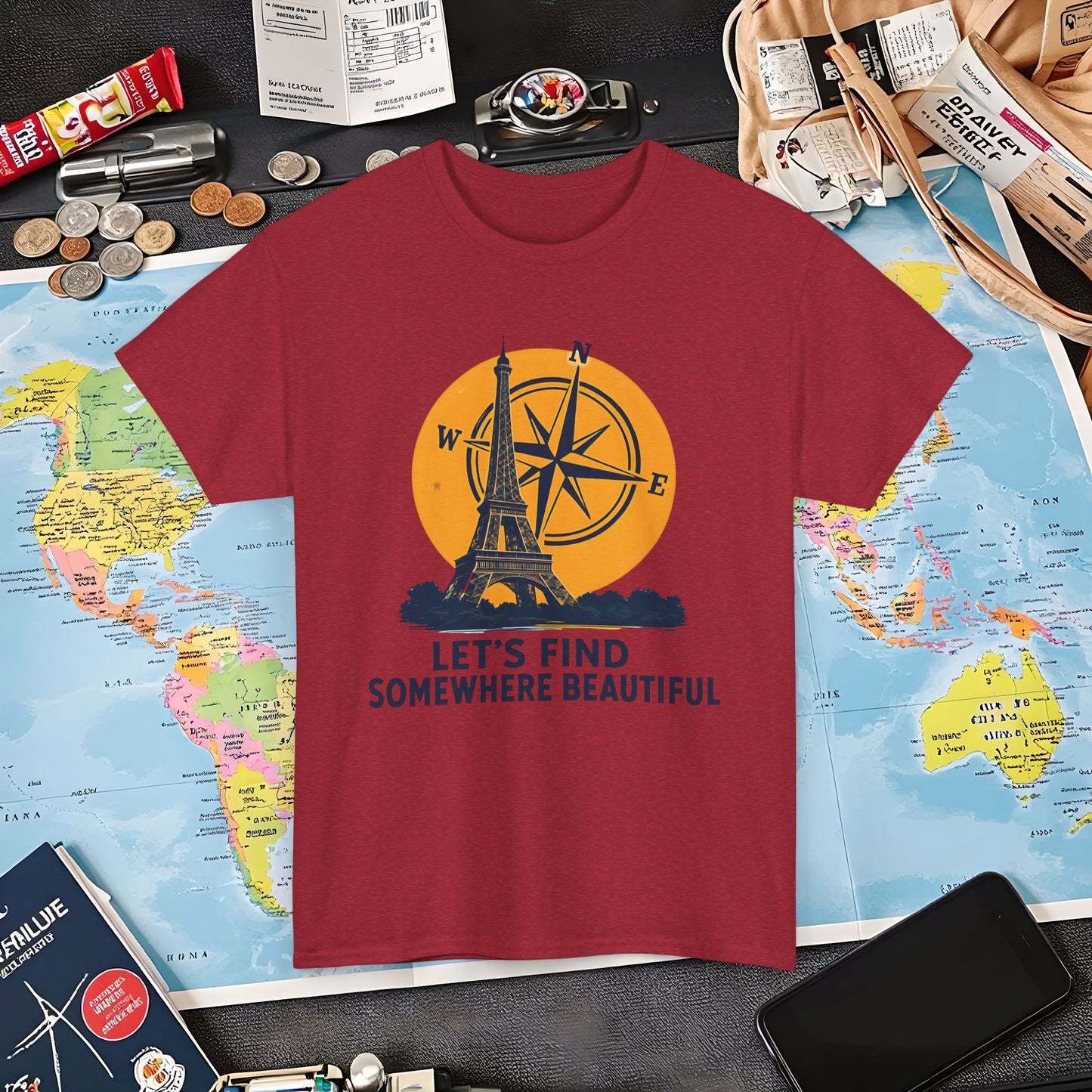 Eiffel Tower and Compass T-Shirt – Let’s Find Somewhere Beautiful Adventure Design Air Travel T-Shirts | Jetsetter, Airport, and International Flight Tees