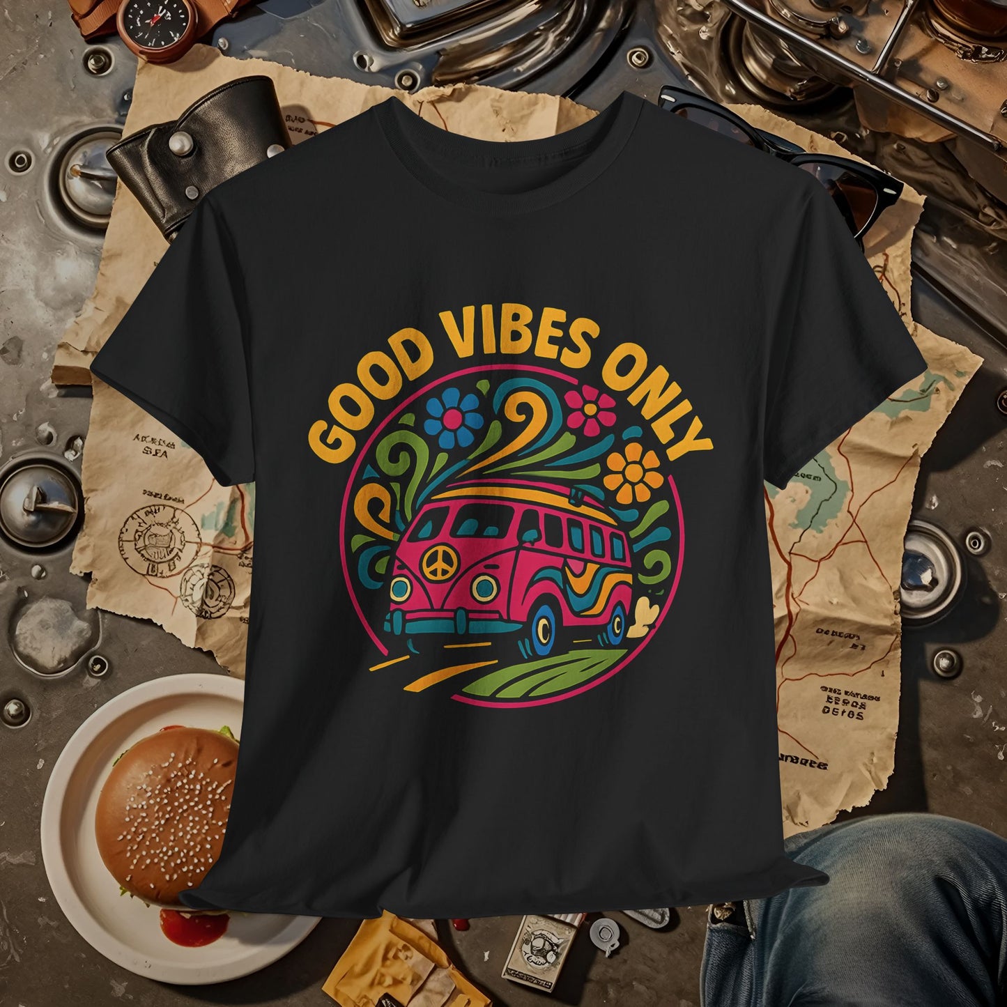 Good Vibes Only T-Shirt – Retro Hippie Van with 70s-Inspired Positivity Road Trip & Vehicle Travel T-Shirts | Car, RV, and Motorcycle Adventure Tees