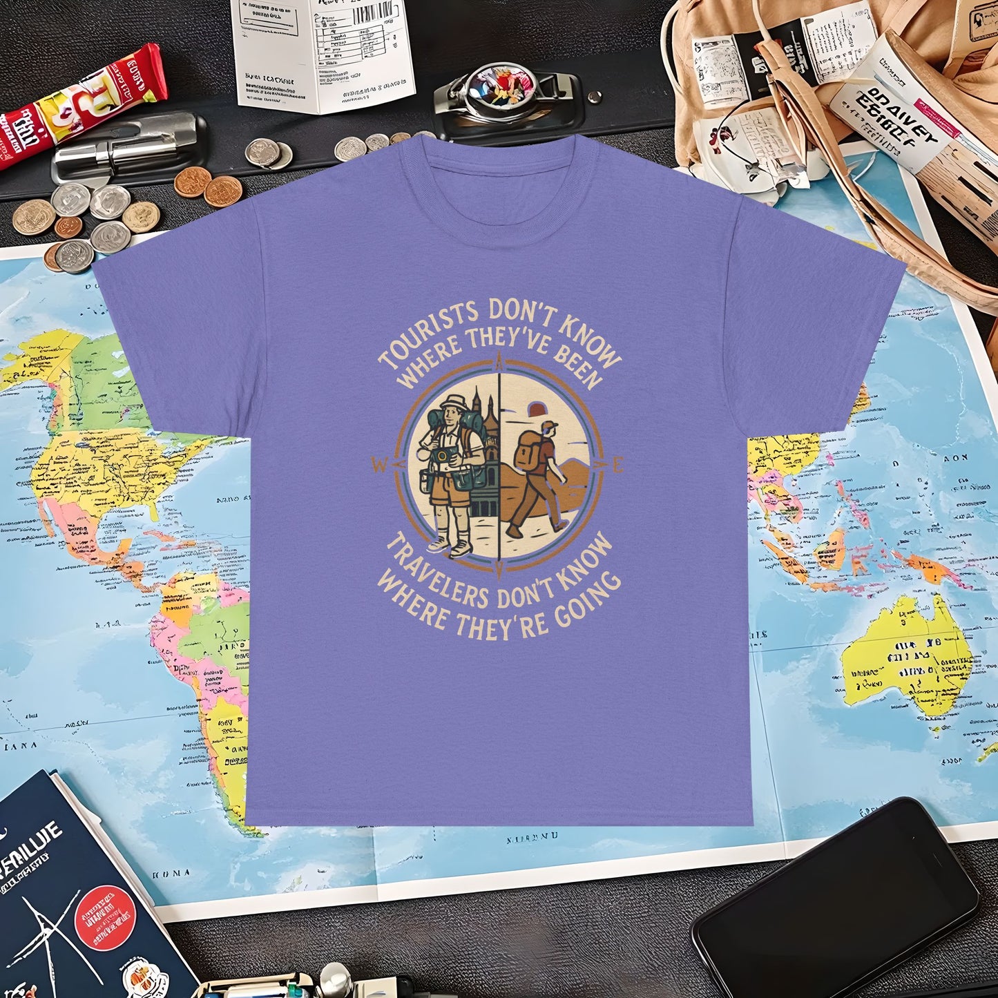 Tourists vs. Travelers – Vintage Compass Emblem Quote Tee | Layover Club Air Travel T-Shirts | Jetsetter, Airport, and International Flight Tees