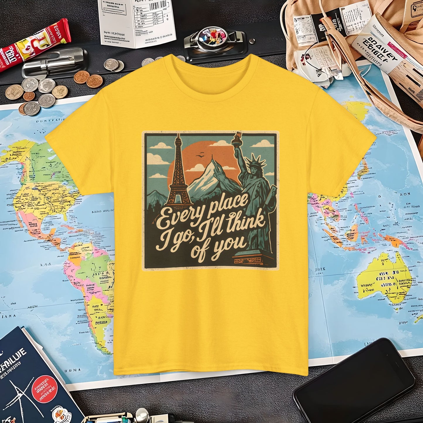 Every Place I Go, I’ll Think of You T-Shirt – Vintage Postcard Travel Collage with Iconic Landmarks Air Travel T-Shirts | Jetsetter, Airport, and International Flight Tees