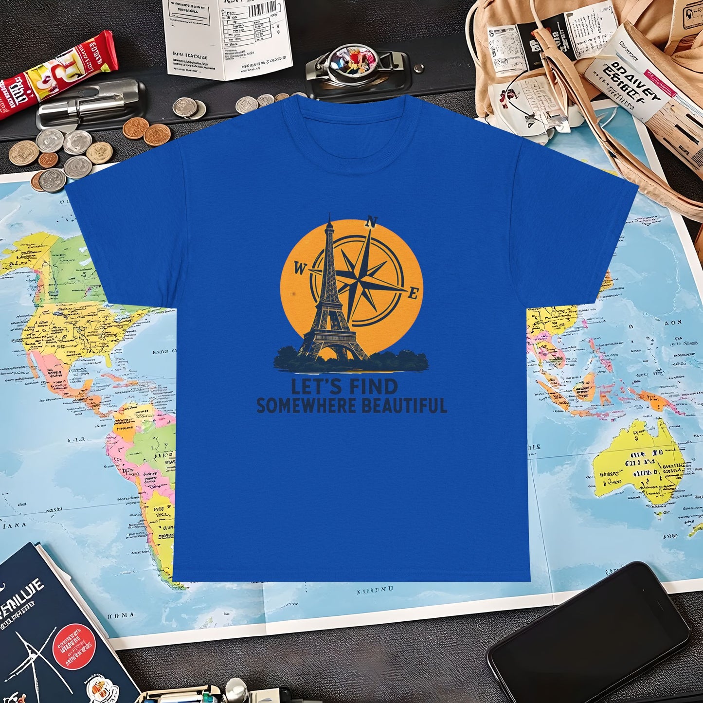 Eiffel Tower and Compass T-Shirt – Let’s Find Somewhere Beautiful Adventure Design Air Travel T-Shirts | Jetsetter, Airport, and International Flight Tees