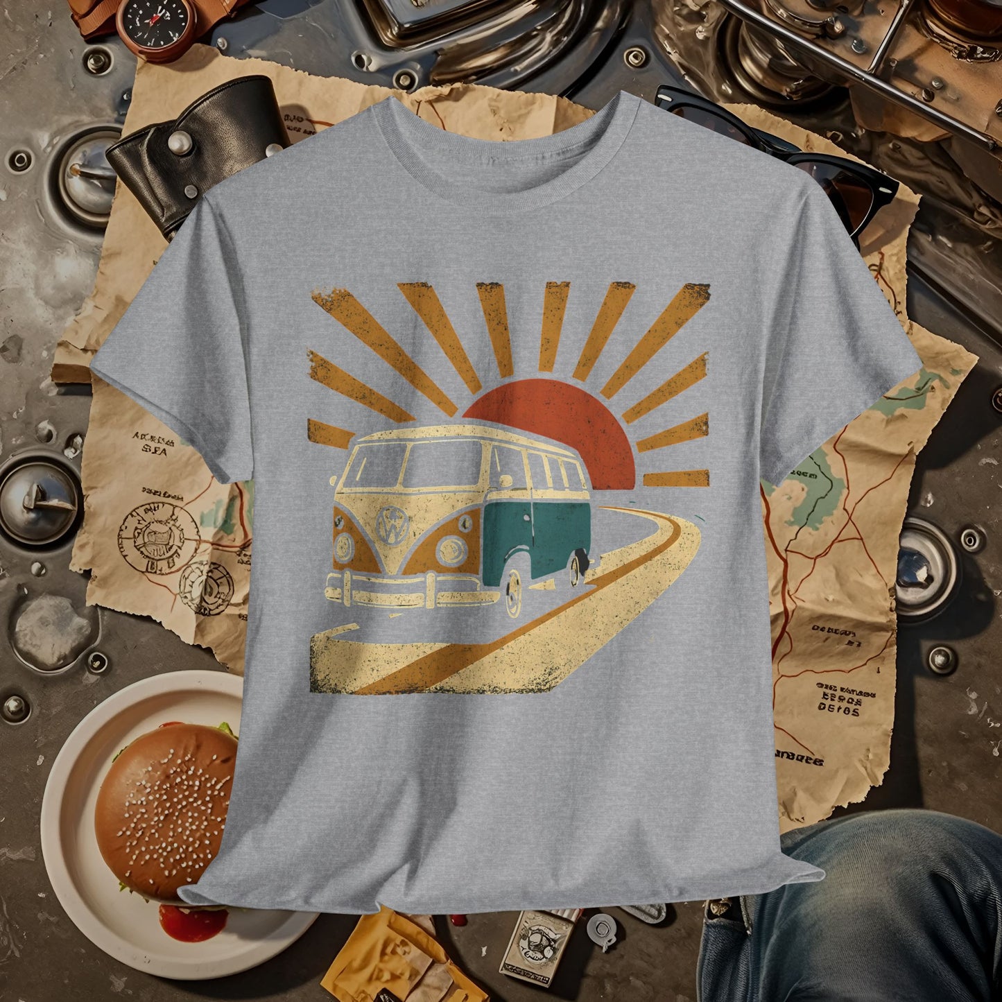 Sunset Road Trip T-Shirt – Vintage VW Van Adventure Design