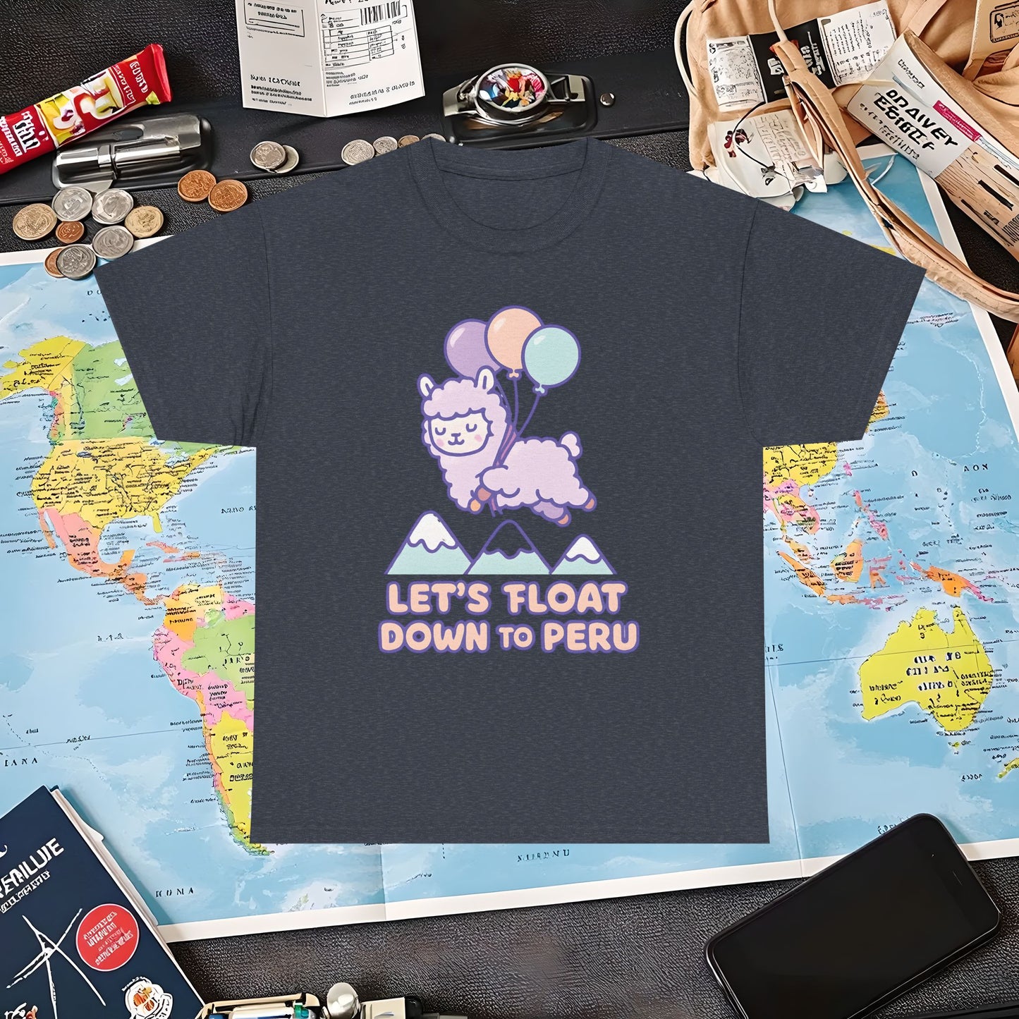 Let’s Float Down to Peru T-Shirt – Kawaii Alpaca Over Snowy Mountain Peaks Air Travel T-Shirts | Jetsetter, Airport, and International Flight Tees