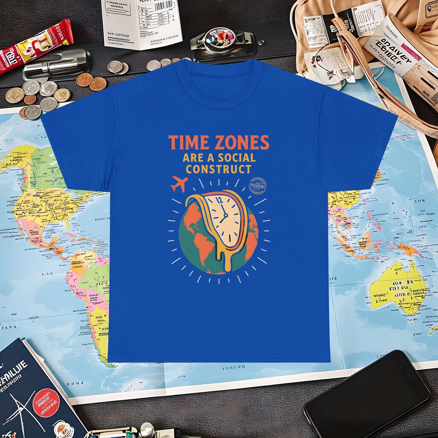 Time Zones Are a Social Construct Tee – Melting Clock Over World Map Travel Shirt Air Travel T-Shirts | Jetsetter, Airport, and International Flight Tees