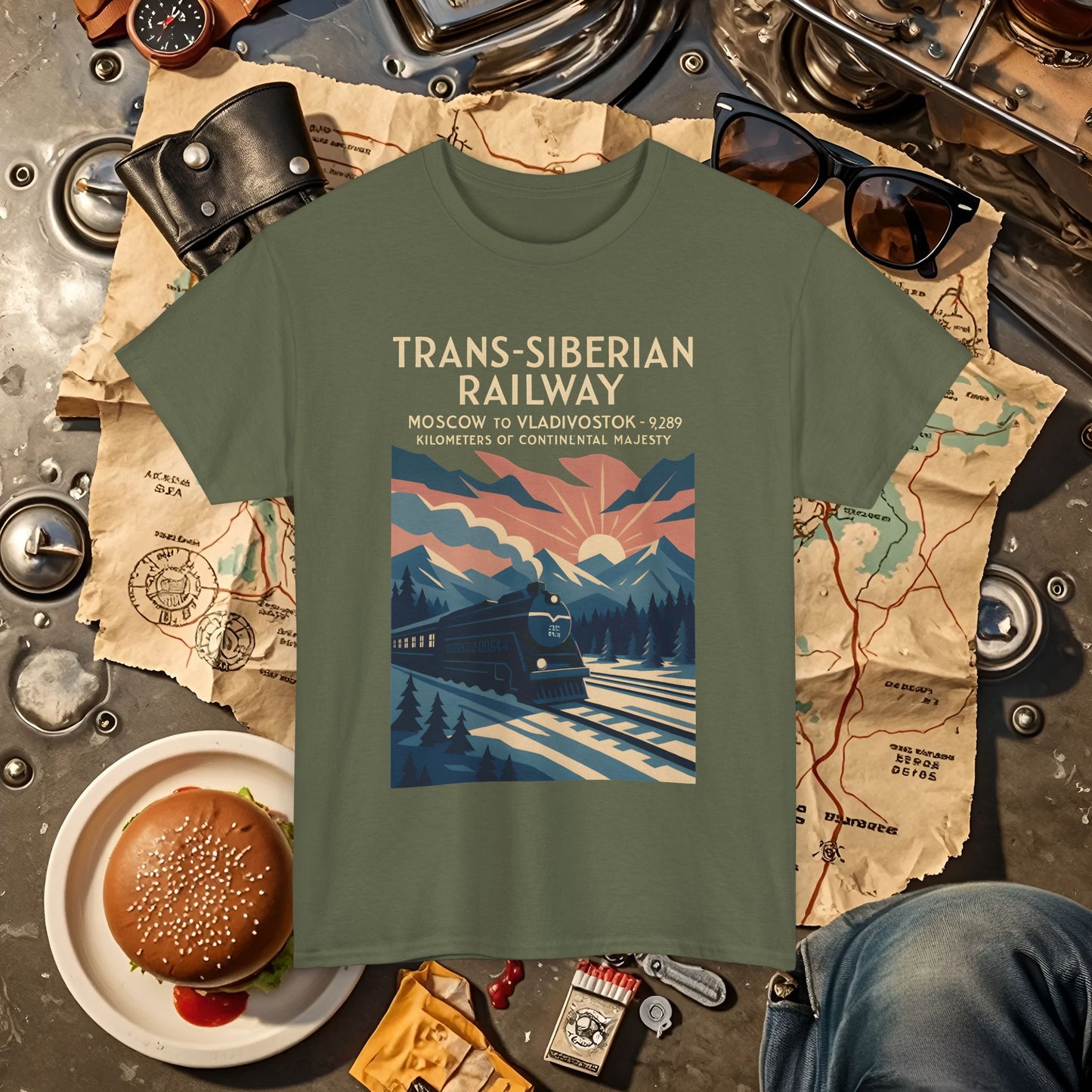 Trans-Siberian Twilight – Art Deco Russian Train Journey Tee Road Trip & Vehicle Travel T-Shirts | Car, RV, and Motorcycle Adventure Tees