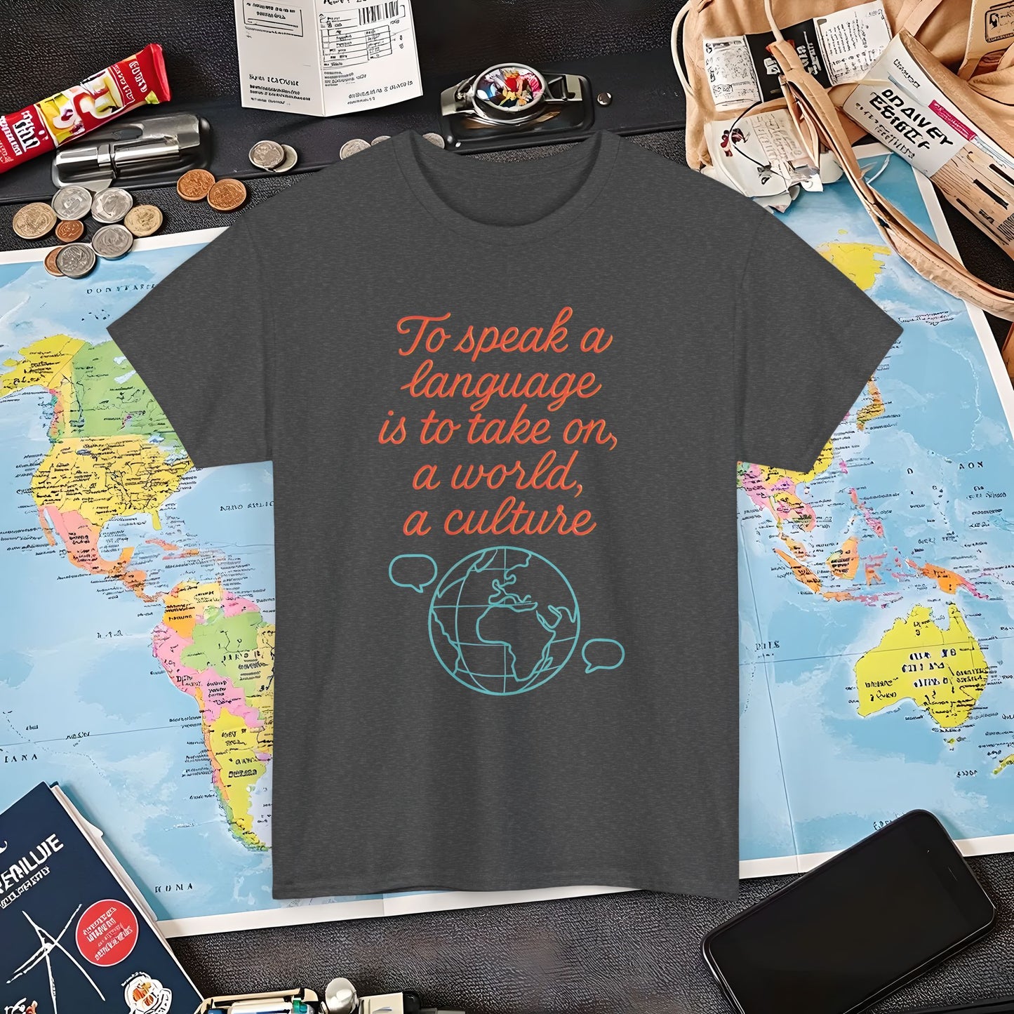 To Speak a Language Is to Take on a World – Cultural Connection Tee with Globe & Speech Bubbles | Layover Club Air Travel T-Shirts | Jetsetter, Airport, and International Flight Tees
