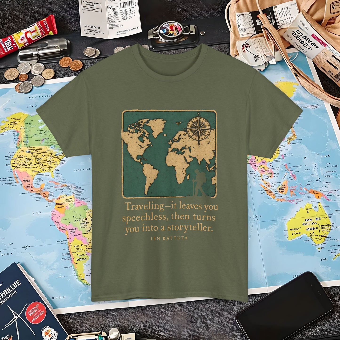 Speechless to Storyteller – Vintage Map Wanderlust Quote Tee Air Travel T-Shirts | Jetsetter, Airport, and International Flight Tees