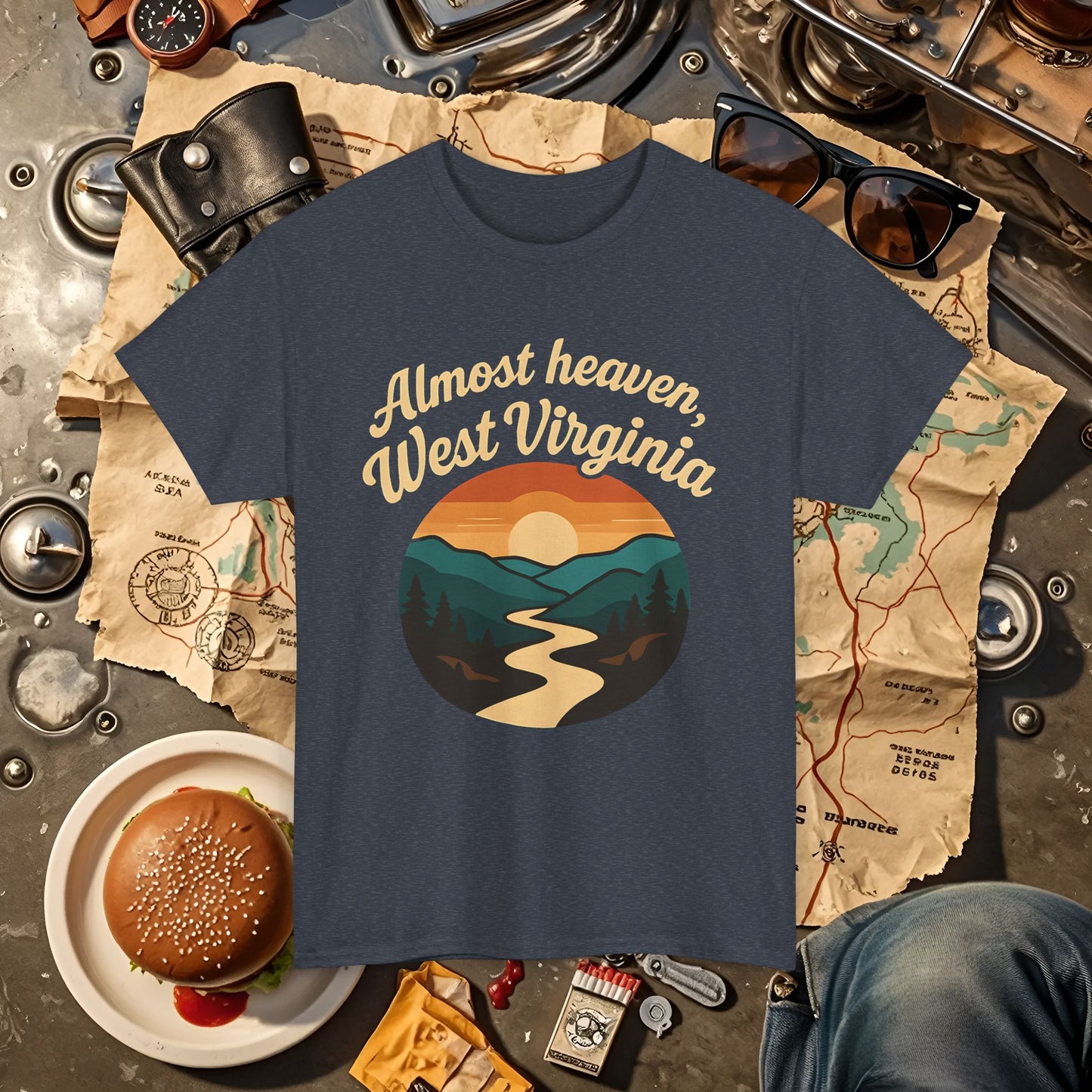 Almost Heaven, West Virginia T-Shirt – Vintage Appalachian Sunset with Winding River Road Trip & Vehicle Travel T-Shirts | Car, RV, and Motorcycle Adventure Tees
