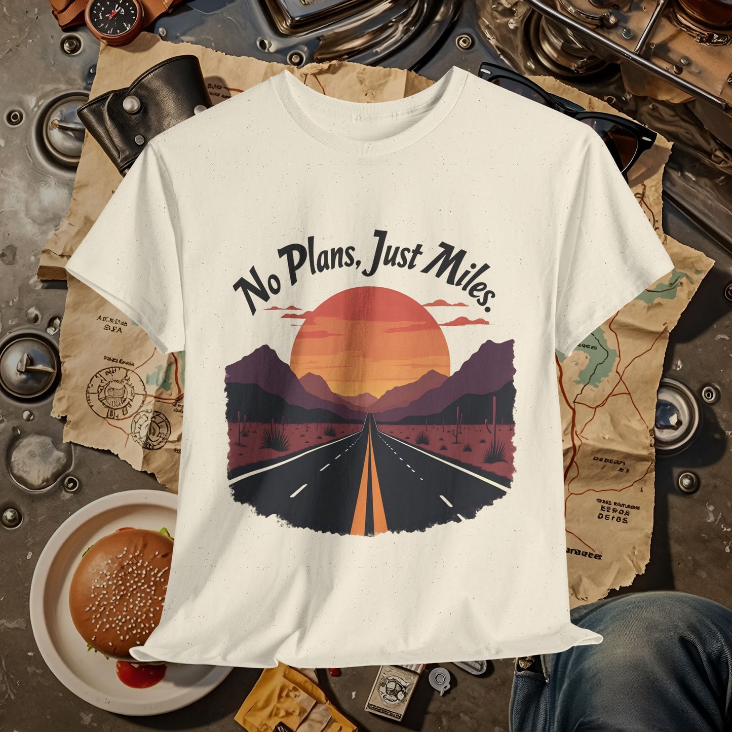 No Plans, Just Miles Adventure Road Unisex Cotton Tee - Travel Shirt, Road Trip Tee, Travel Lover Gift, Nature Lover Shirt, Vacation T-Shirt, Charity Donation