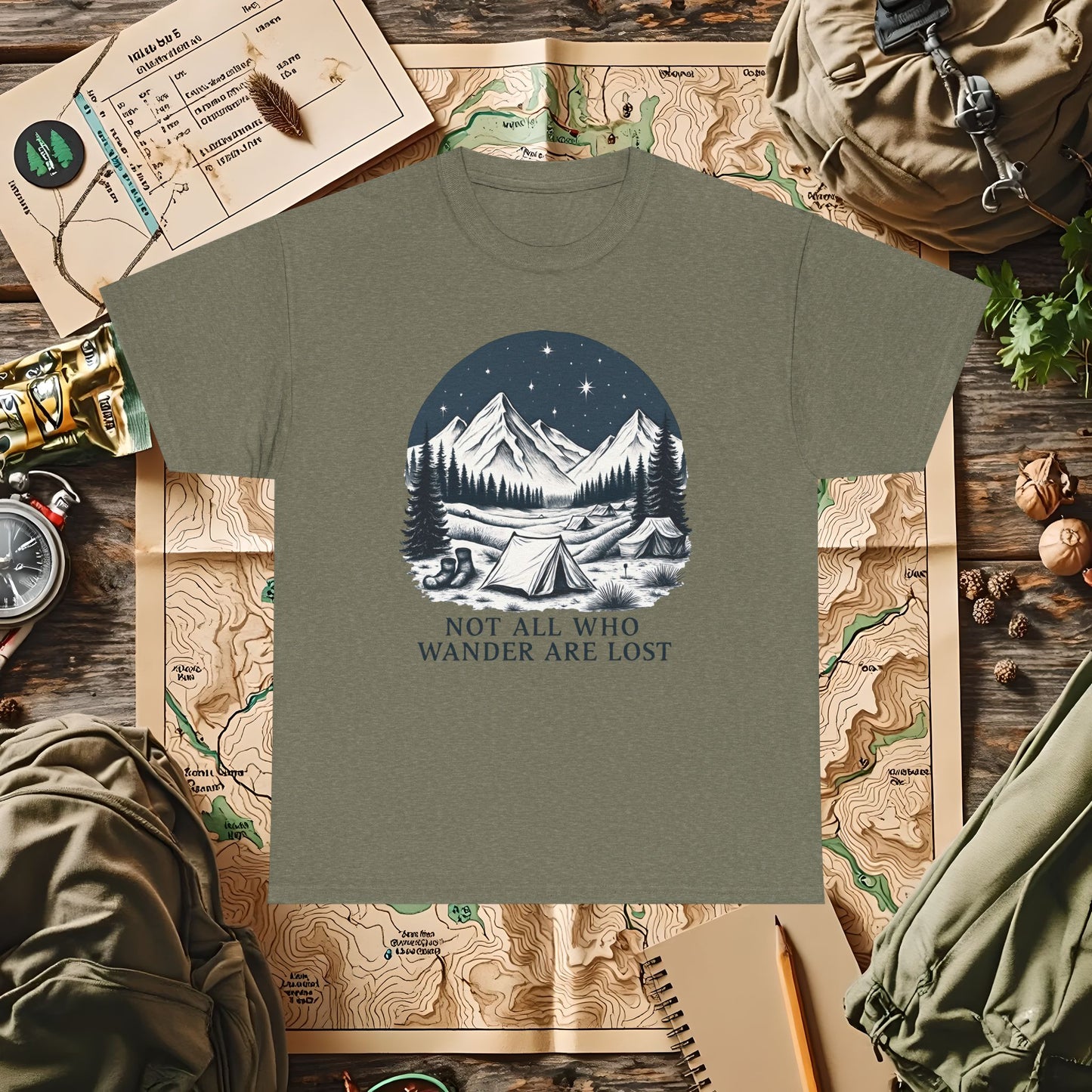 Not All Who Wander Are Lost T-Shirt – Mountain Camping Under Starry Night Camping, Hiking, Rafting & Kayaking Tees for Nature Lovers