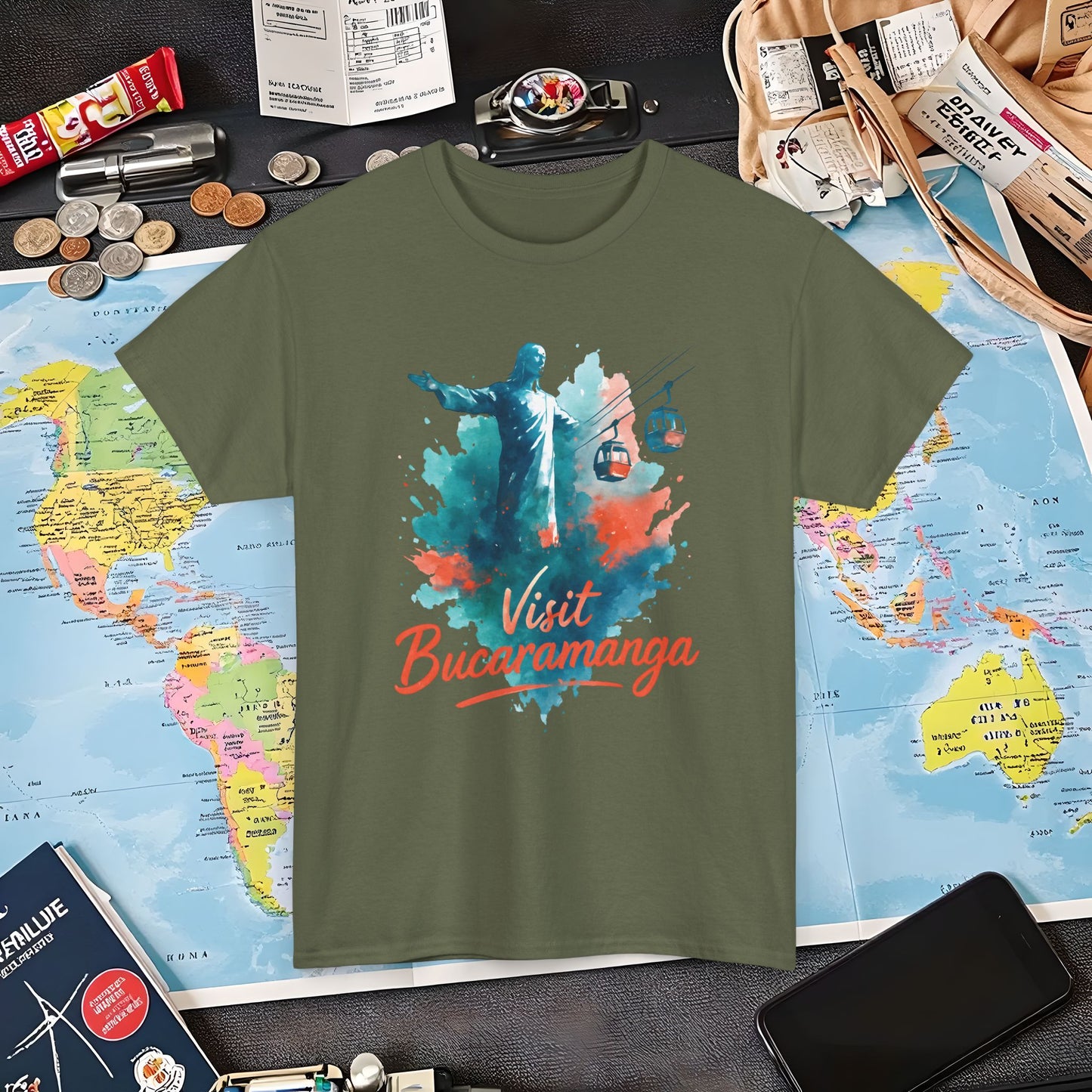 Cerro del Santísimo & Cable Car – Vibrant Watercolor Colombia Travel Tee | Layover Club Air Travel T-Shirts | Jetsetter, Airport, and International Flight Tees