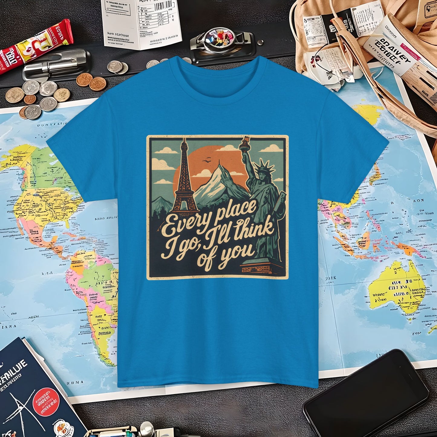 Every Place I Go, I’ll Think of You T-Shirt – Vintage Postcard Travel Collage with Iconic Landmarks Air Travel T-Shirts | Jetsetter, Airport, and International Flight Tees