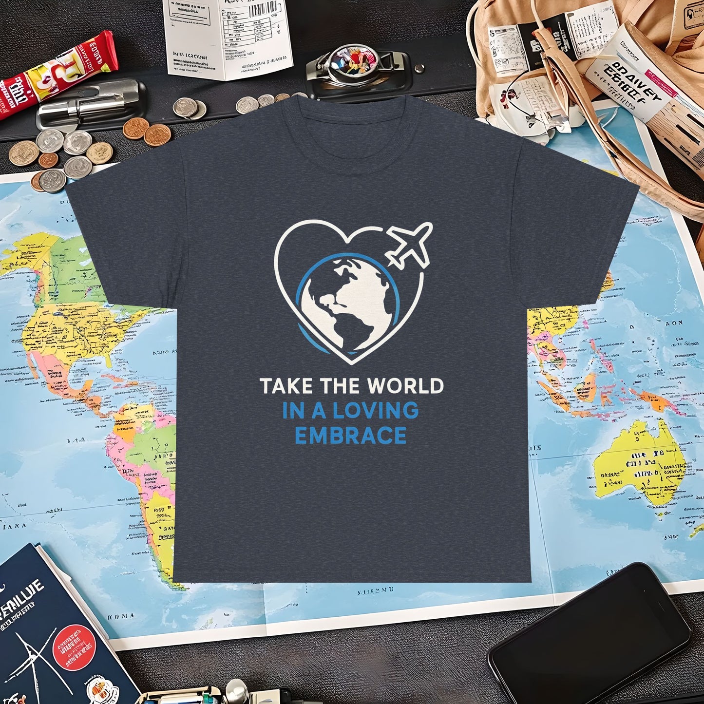 Take the World in a Loving Embrace T-Shirt – Heart in Flight Over Globe Design Air Travel T-Shirts | Jetsetter, Airport, and International Flight Tees