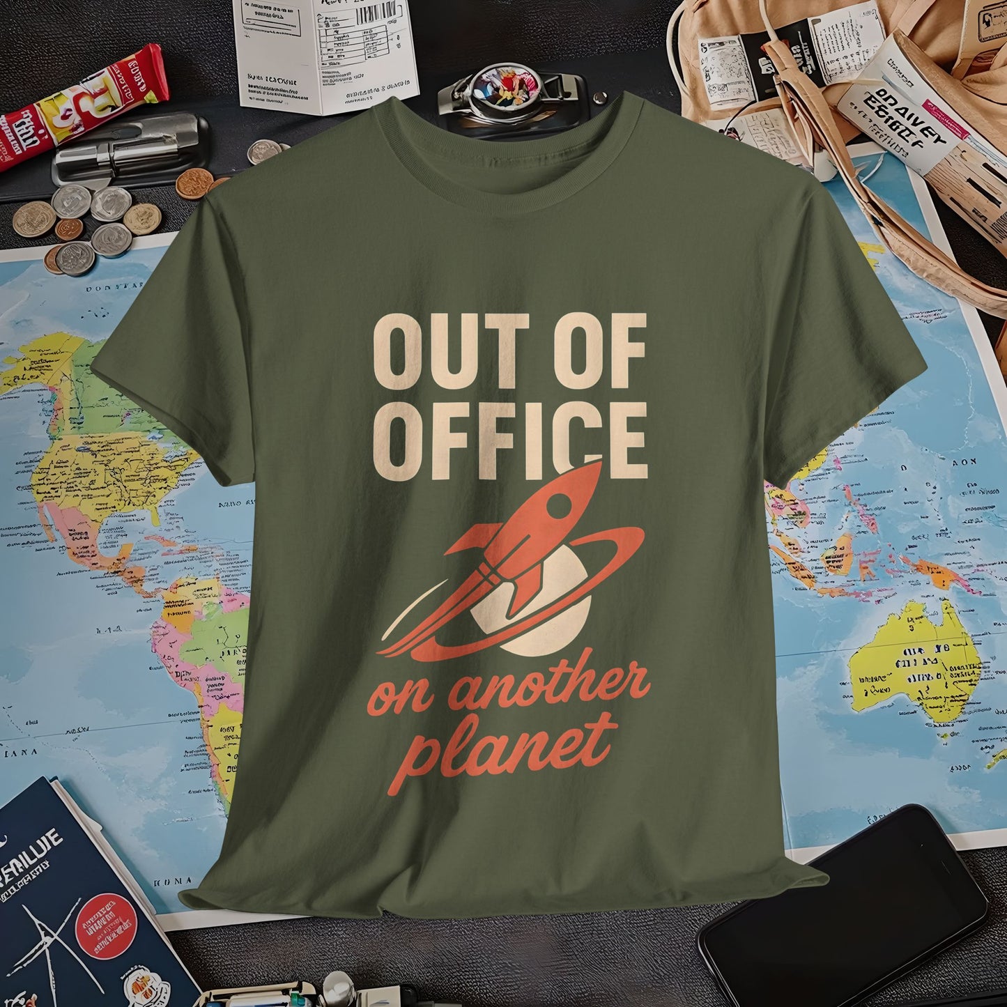 Out of Office, On Another Planet – Retro Rocket Escape Tee Air Travel T-Shirts | Jetsetter, Airport, and International Flight Tees