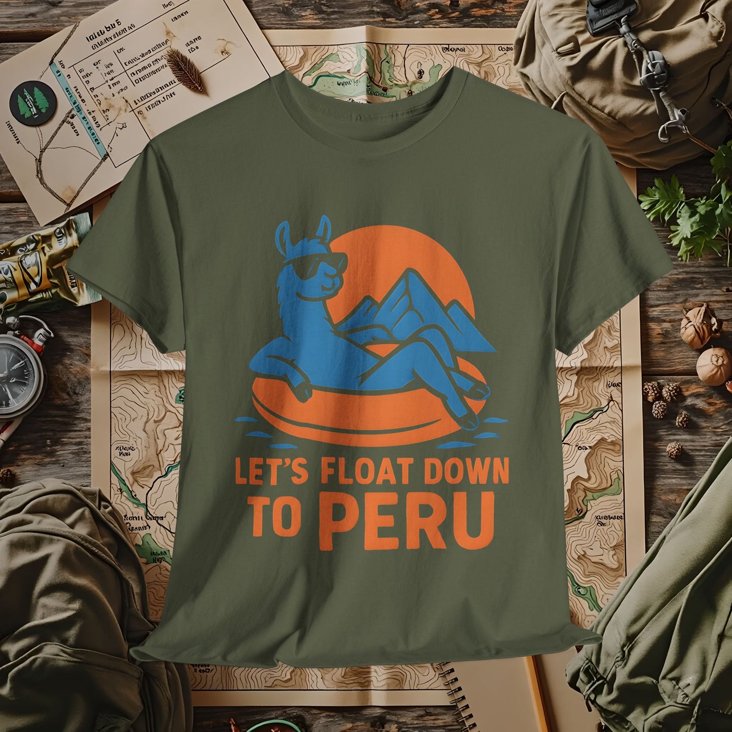 Let’s Float Down to Peru T-Shirt – Chill Llama on Inner Tube and Andes Sunset Outdoor Adventure T-Shirts | Camping, Hiking, Rafting & Kayaking Tees for Nature Lovers