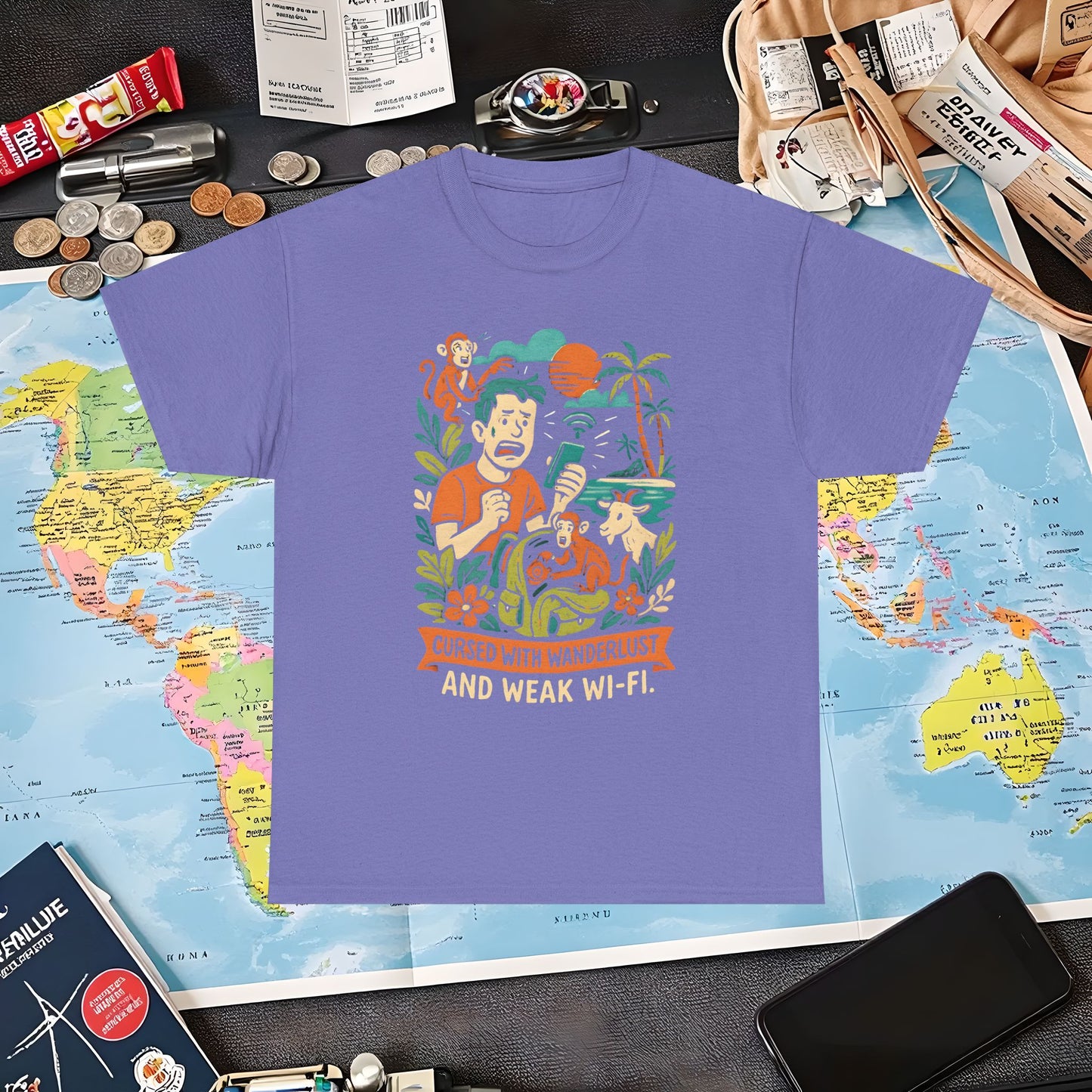 Cursed with Wanderlust and Weak Wi-Fi – Funny Tropical Traveler Frustration Tee Travel T-Shirts | Jetsetter, Airport, and International Flight Tees