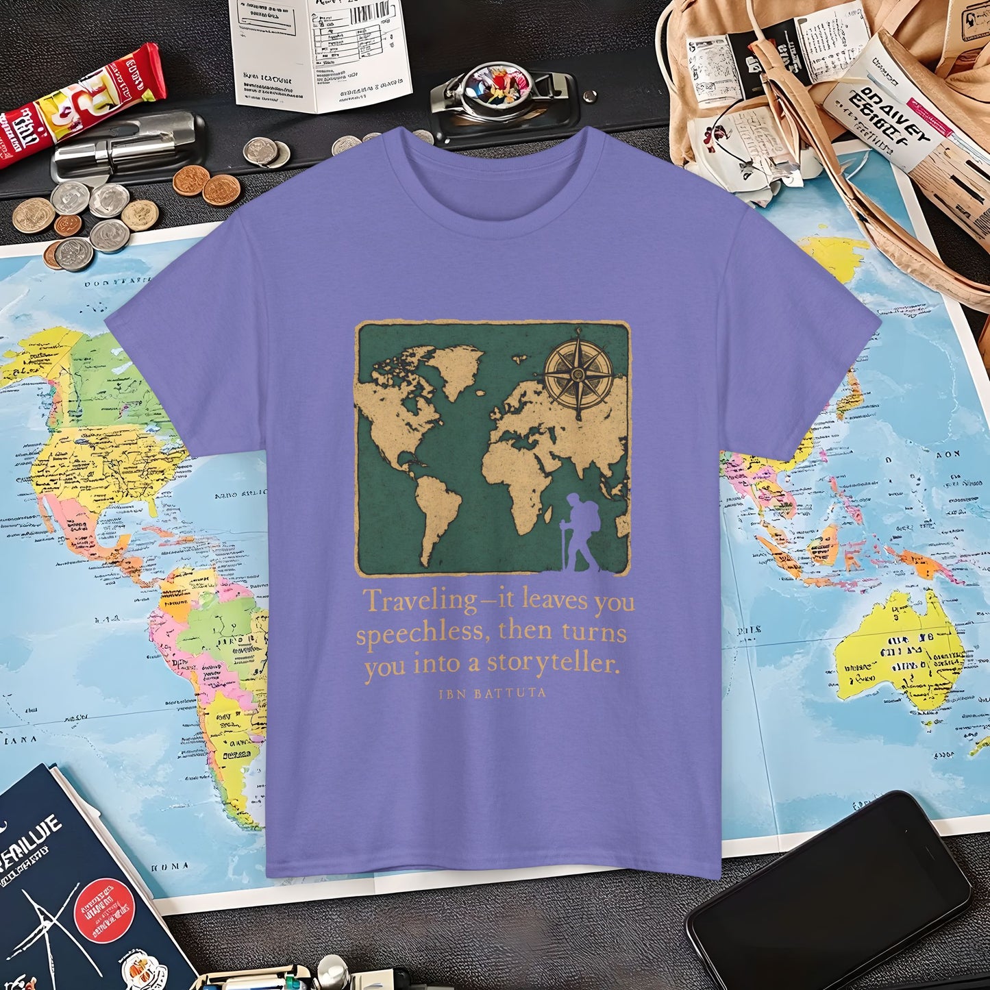 Speechless to Storyteller – Vintage Map Wanderlust Quote Tee Air Travel T-Shirts | Jetsetter, Airport, and International Flight Tees