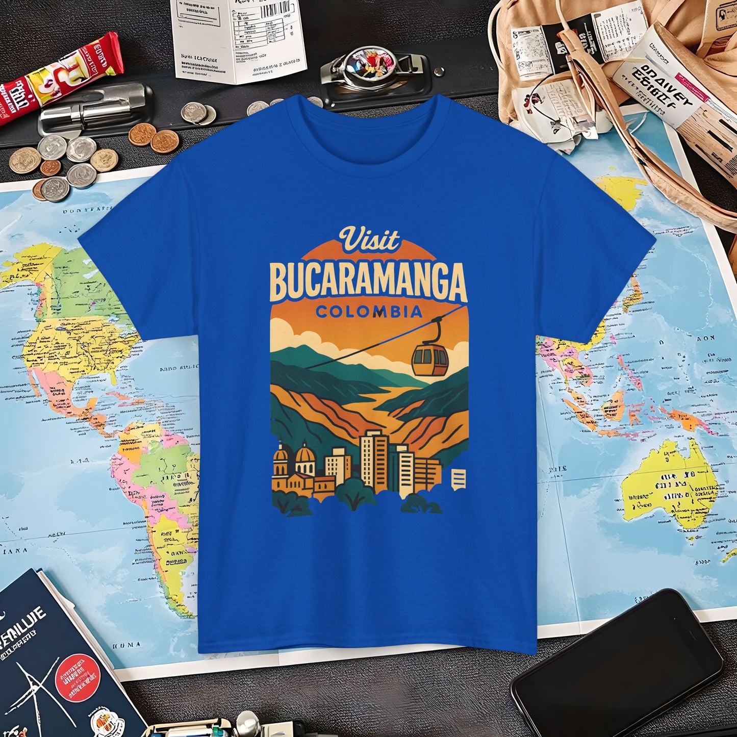 Retro Bucaramanga Skyline with Chicamocha Canyon – Vintage Colombia Travel Tee | Layover Club Air Travel T-Shirts | Jetsetter, Airport, and International Flight Tees