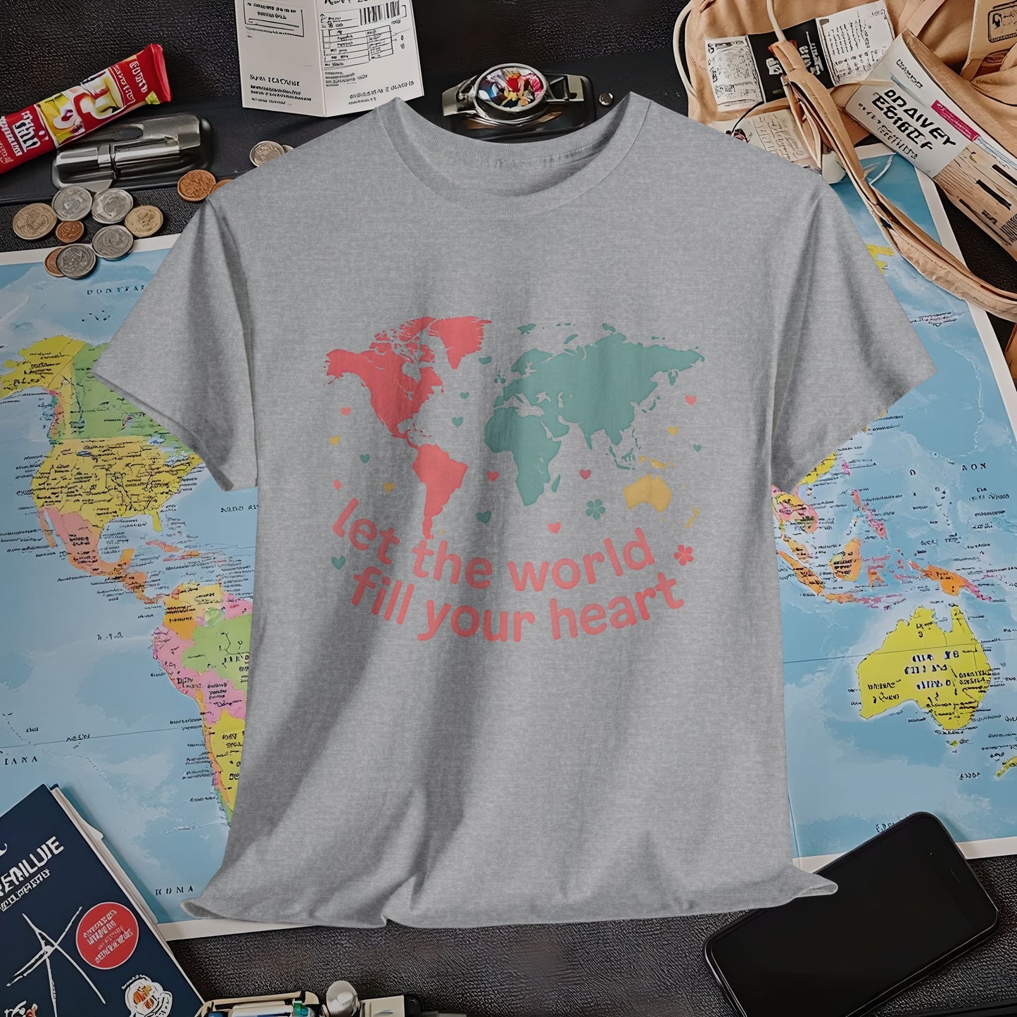 Let the World Fill Your Heart T-Shirt – World Map Adventure Design Air Travel T-Shirts | Jetsetter, Airport, and International Flight Tees