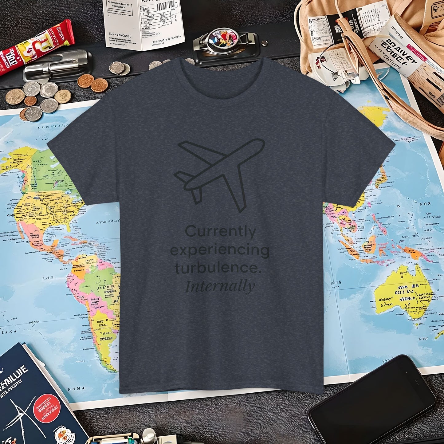 Currently Experiencing Turbulence Internally Tee – Minimalist Airplane Quote Shirt Air Travel T-Shirts | Jetsetter, Airport, and International Flight Tees