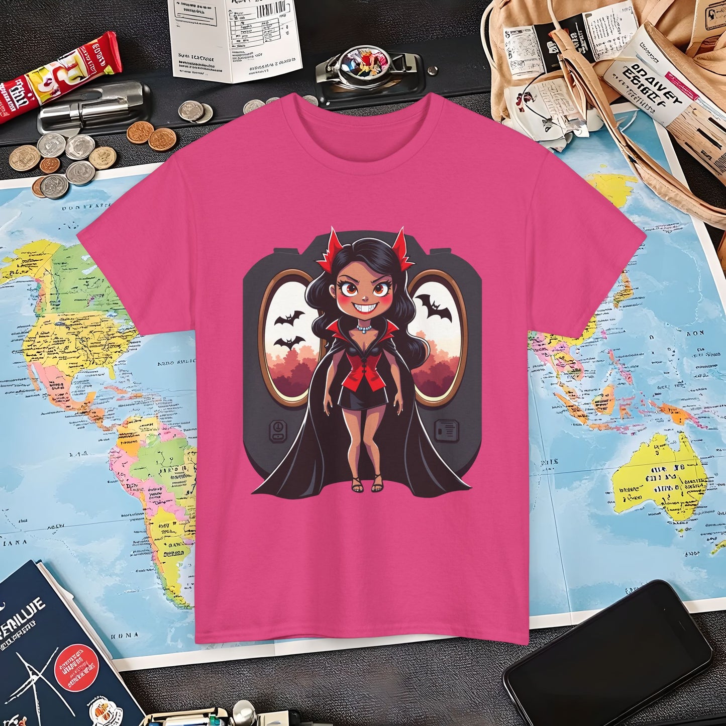Vampire Flight Attendant T-Shirt – Gothic Girl with Bats Flying Outside the Plane Air Travel T-Shirts | Jetsetter, Airport, and International Flight Tees