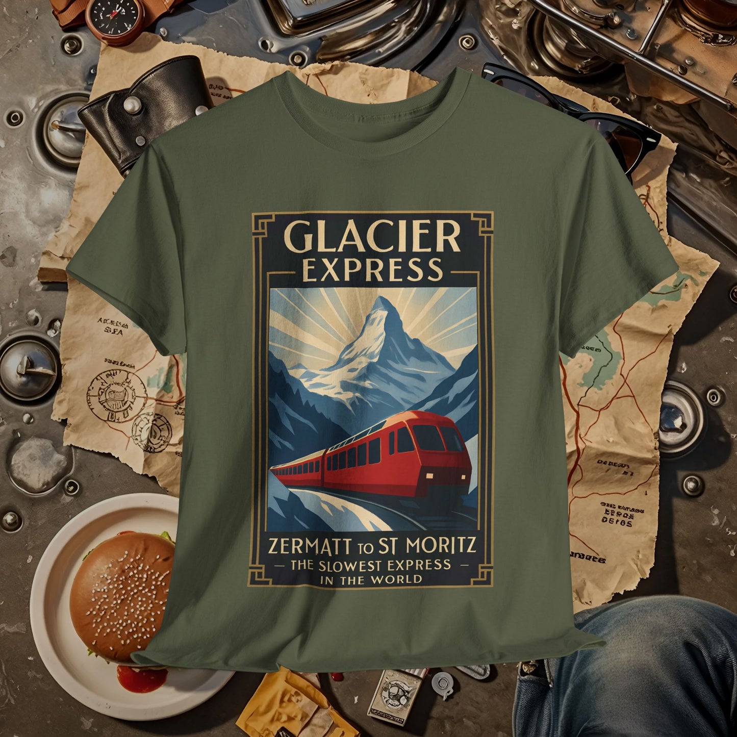 Glacier Express – Art Deco Alpine Train Adventure Tee Road Trip & Vehicle Travel T-Shirts | Car, RV, and Motorcycle Adventure Tees