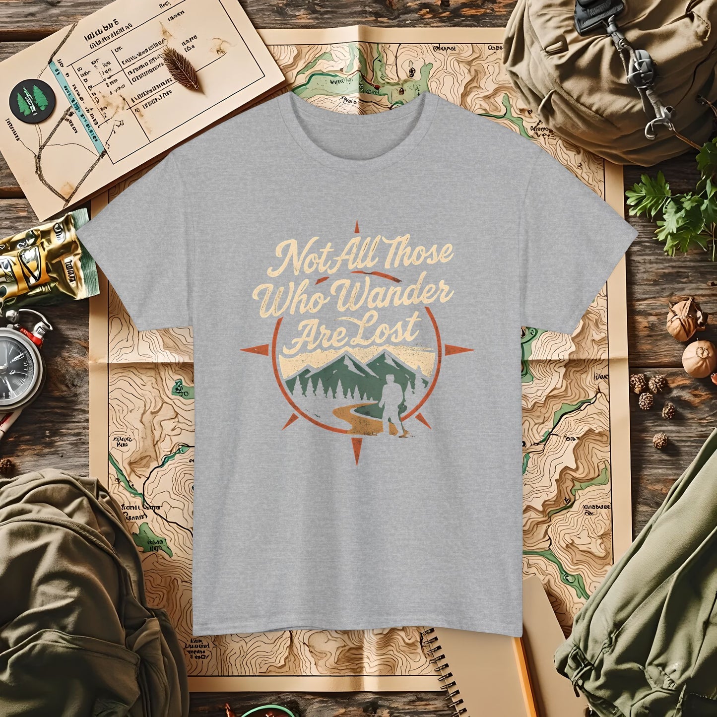Not All Who Wander Are Lost – Vintage Compass Mountain Tee | Camping, Hiking, Rafting & Kayaking Tees for Nature Lovers