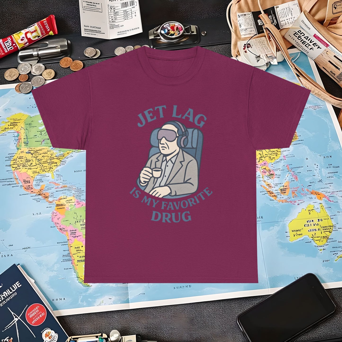 Jet Lag Is My Favorite Drug – Vintage Espresso & Travel Vibes Tee Air Travel T-Shirts | Jetsetter, Airport, and International Flight Tees