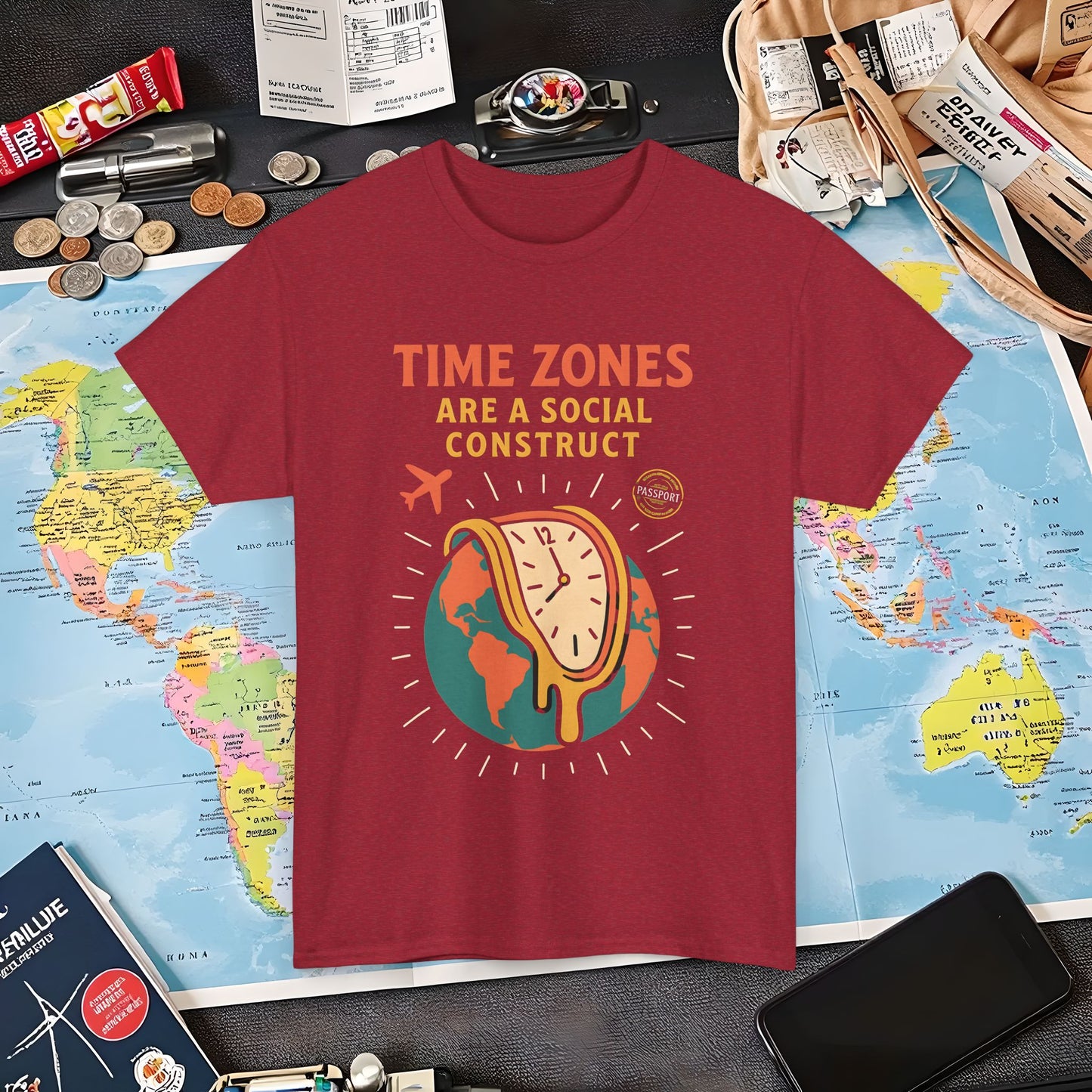 Time Zones Are a Social Construct Tee – Melting Clock Over World Map Travel Shirt Air Travel T-Shirts | Jetsetter, Airport, and International Flight Tees