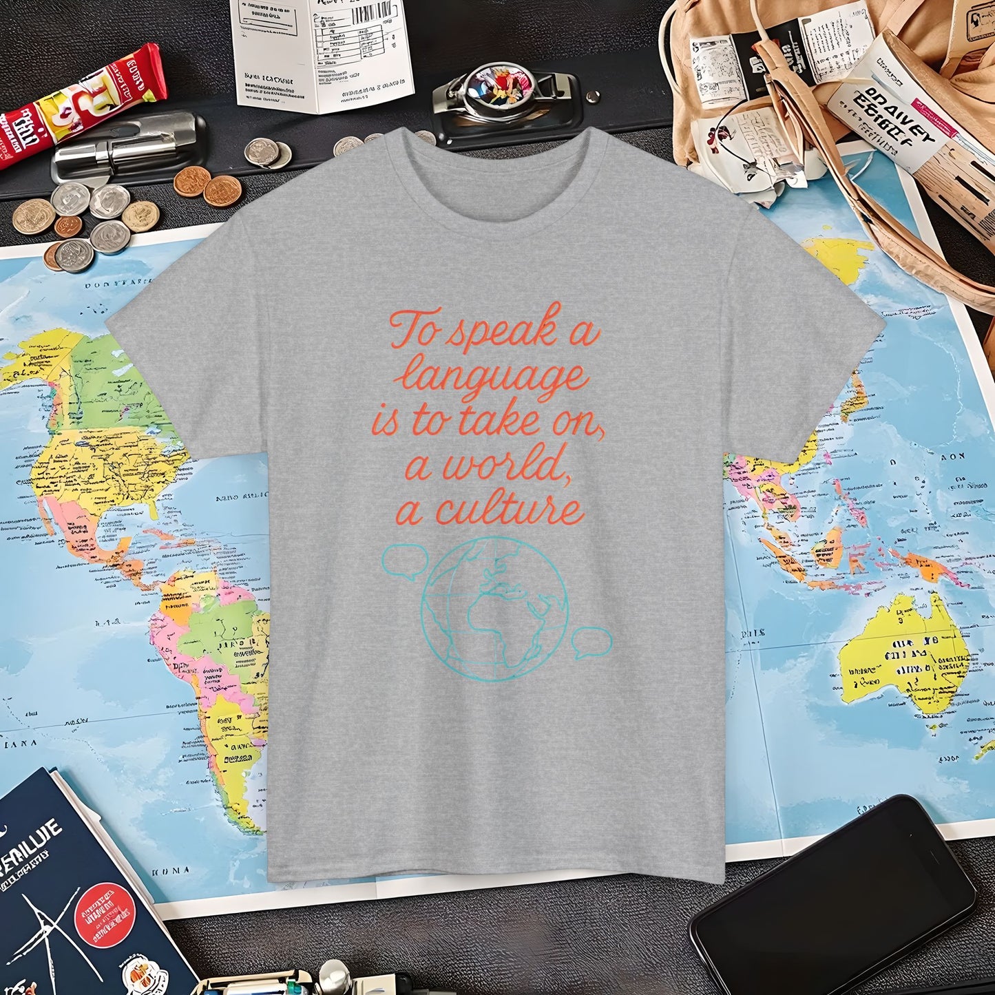 To Speak a Language Is to Take on a World – Cultural Connection Tee with Globe & Speech Bubbles | Layover Club Air Travel T-Shirts | Jetsetter, Airport, and International Flight Tees