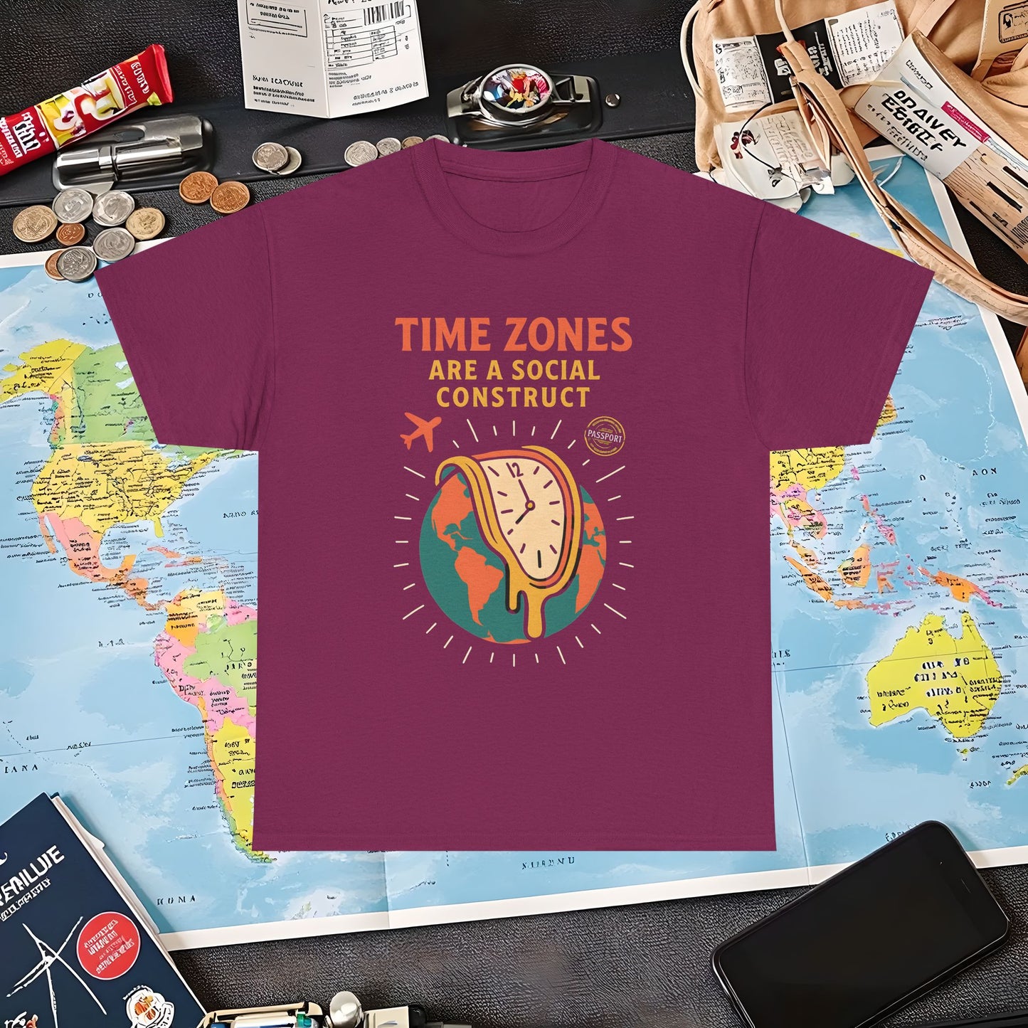 Time Zones Are a Social Construct Tee – Melting Clock Over World Map Travel Shirt Air Travel T-Shirts | Jetsetter, Airport, and International Flight Tees