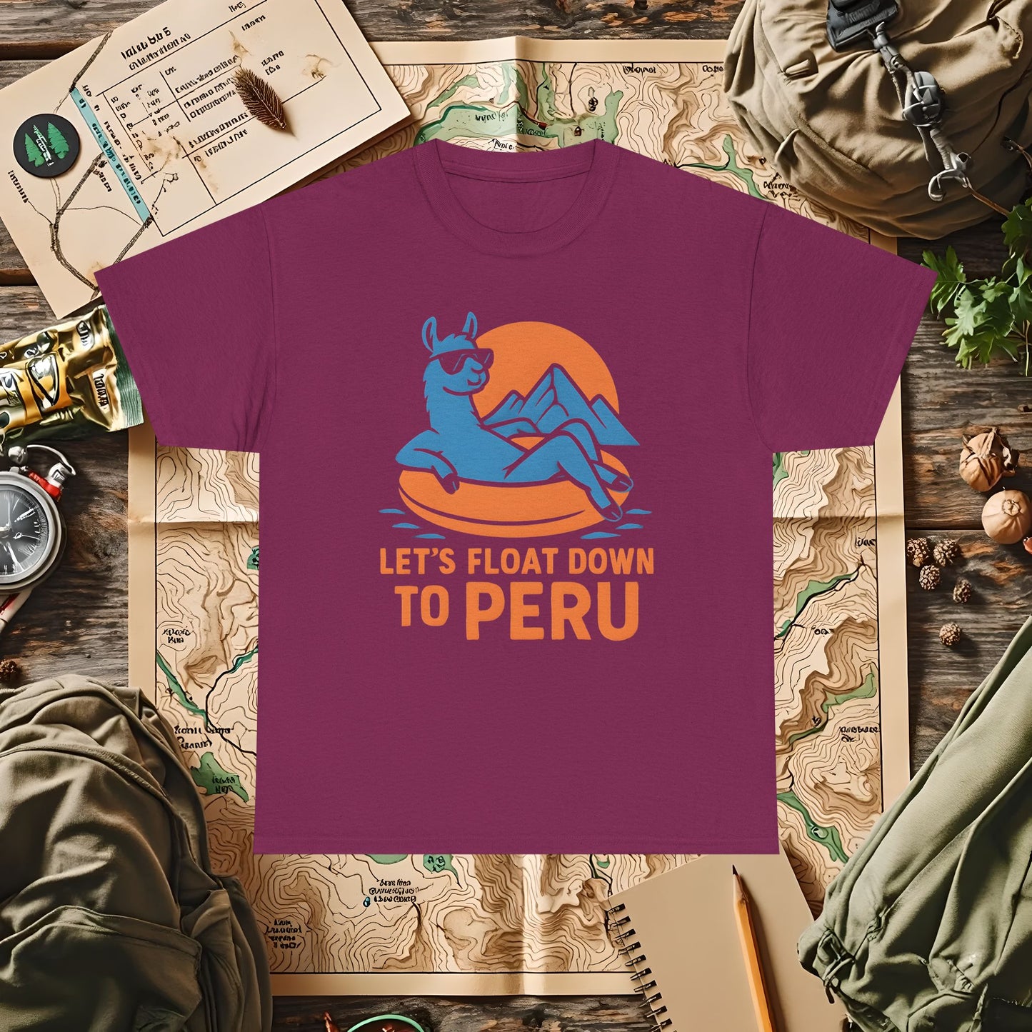 Let’s Float Down to Peru T-Shirt – Chill Llama on Inner Tube and Andes Sunset Outdoor Adventure T-Shirts | Camping, Hiking, Rafting & Kayaking Tees for Nature Lovers