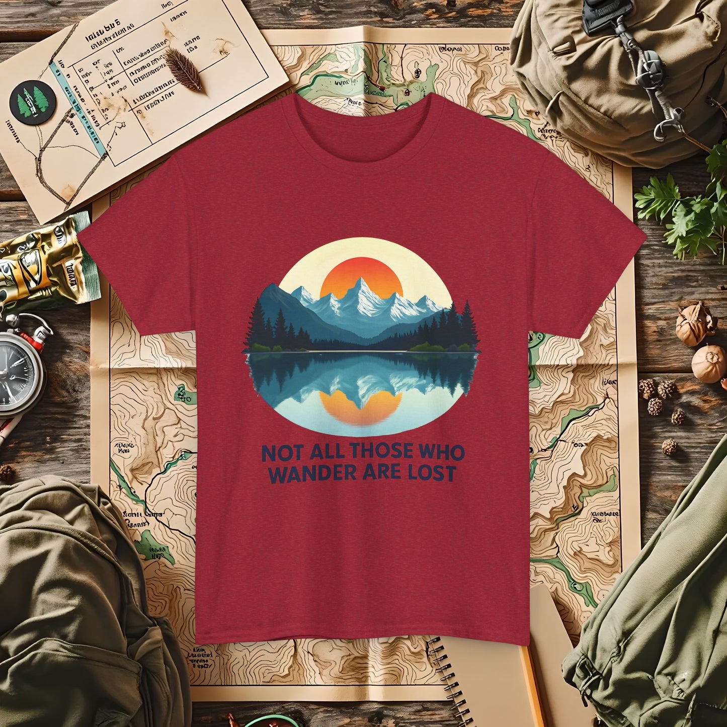 Not All Who Wander Are Lost T-Shirt – Sunset Over Mountain Lake and Forest Reflection Camping, Hiking, Rafting & Kayaking Tees for Nature Lovers