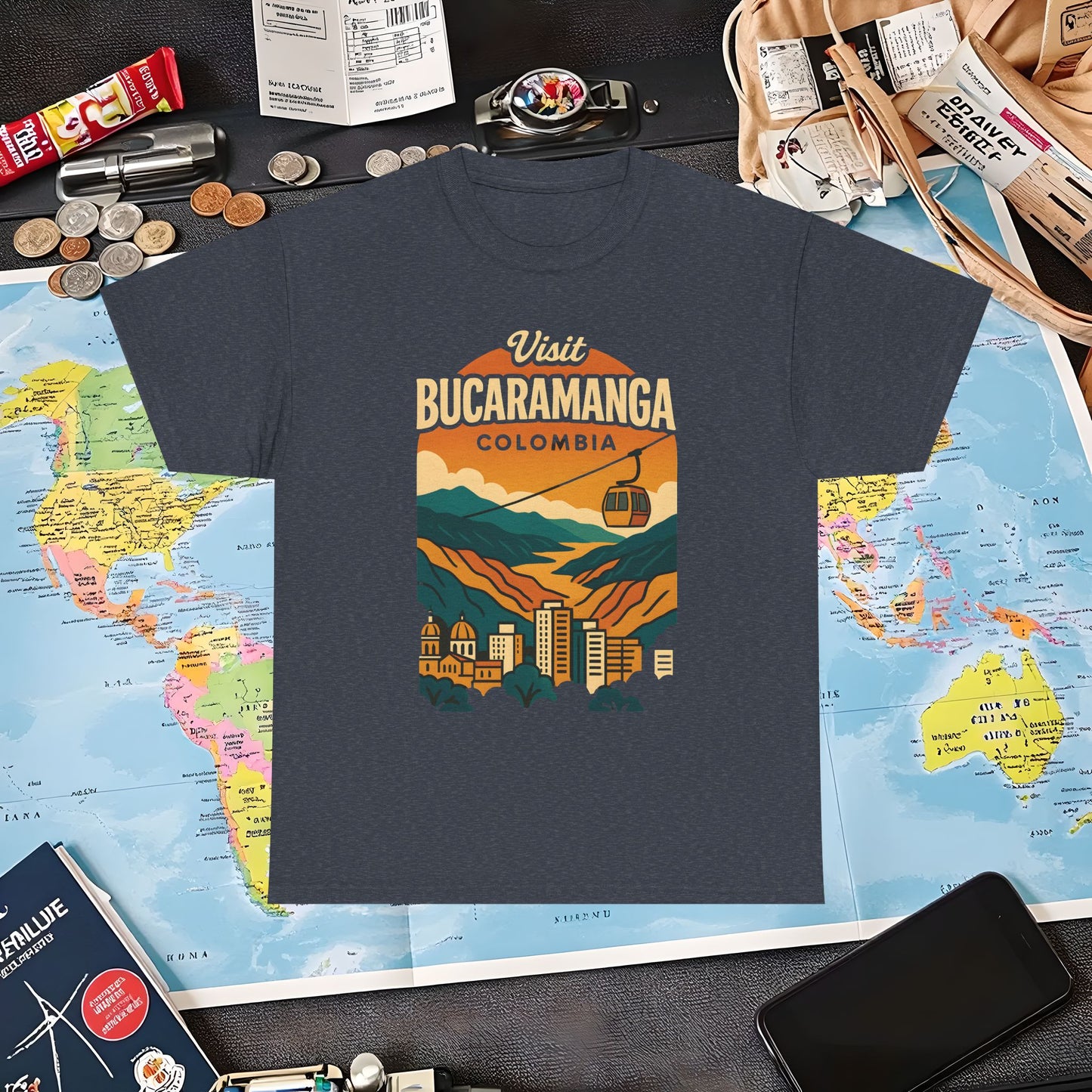 Retro Bucaramanga Skyline with Chicamocha Canyon – Vintage Colombia Travel Tee | Layover Club Air Travel T-Shirts | Jetsetter, Airport, and International Flight Tees