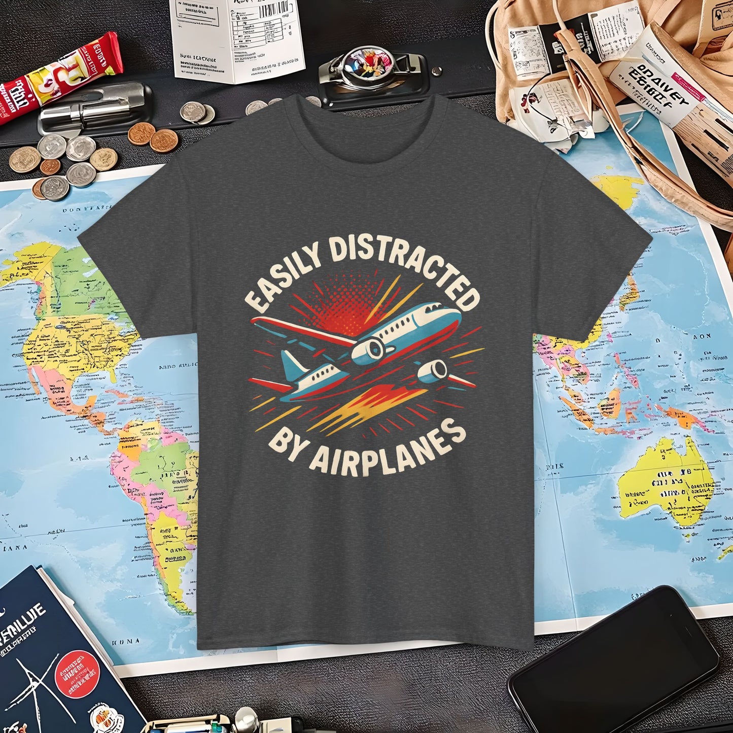 Easily Distracted by Airplanes T-Shirt – Aviation Lover Quote Design Air Travel T-Shirts | Jetsetter, Airport, and International Flight Tees