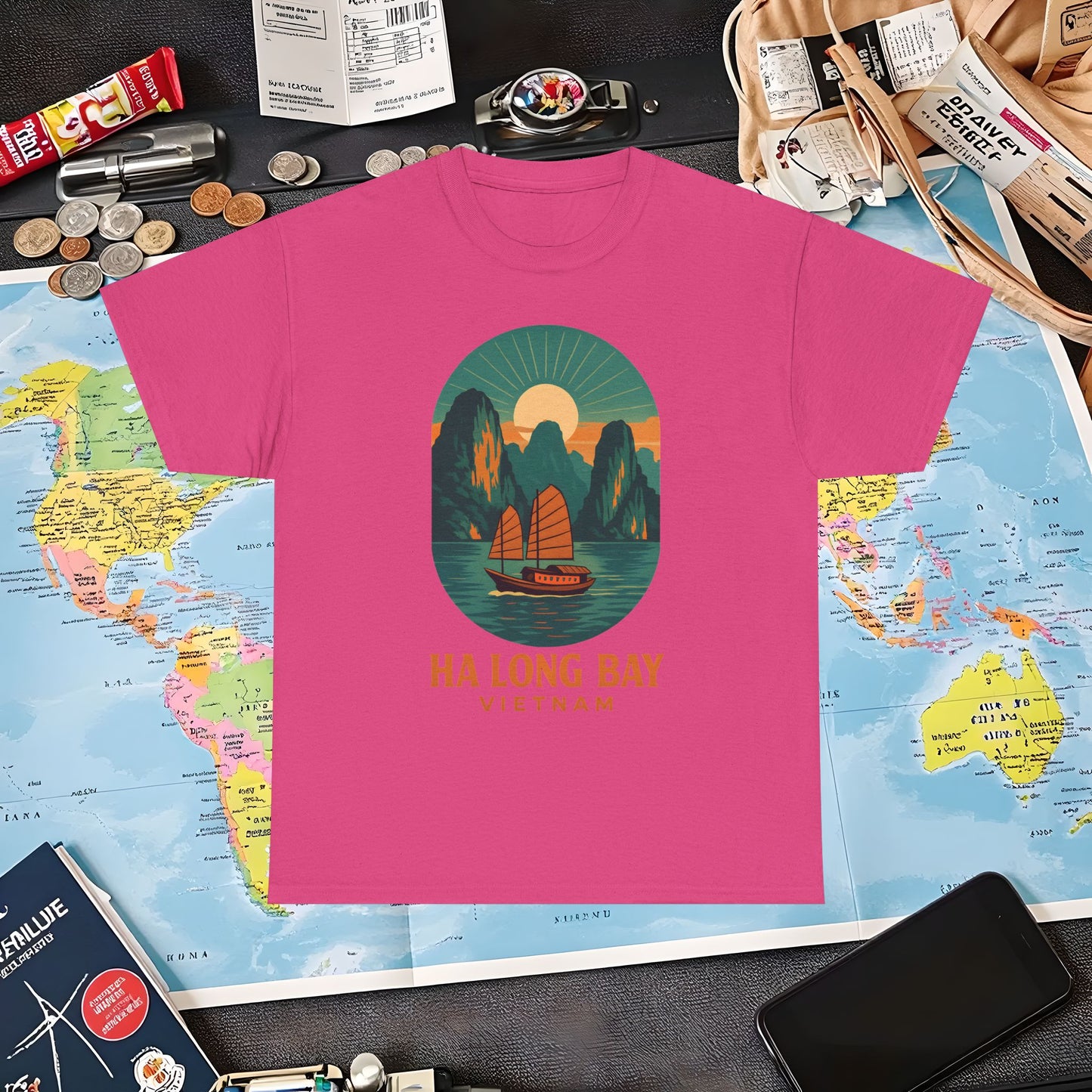 Ha Long Bay Vietnam T-Shirt – Art Deco Junk Boat Travel Shirt for Southeast Asia Lovers Air Travel T-Shirts | Jetsetter, Airport, and International Flight Tees