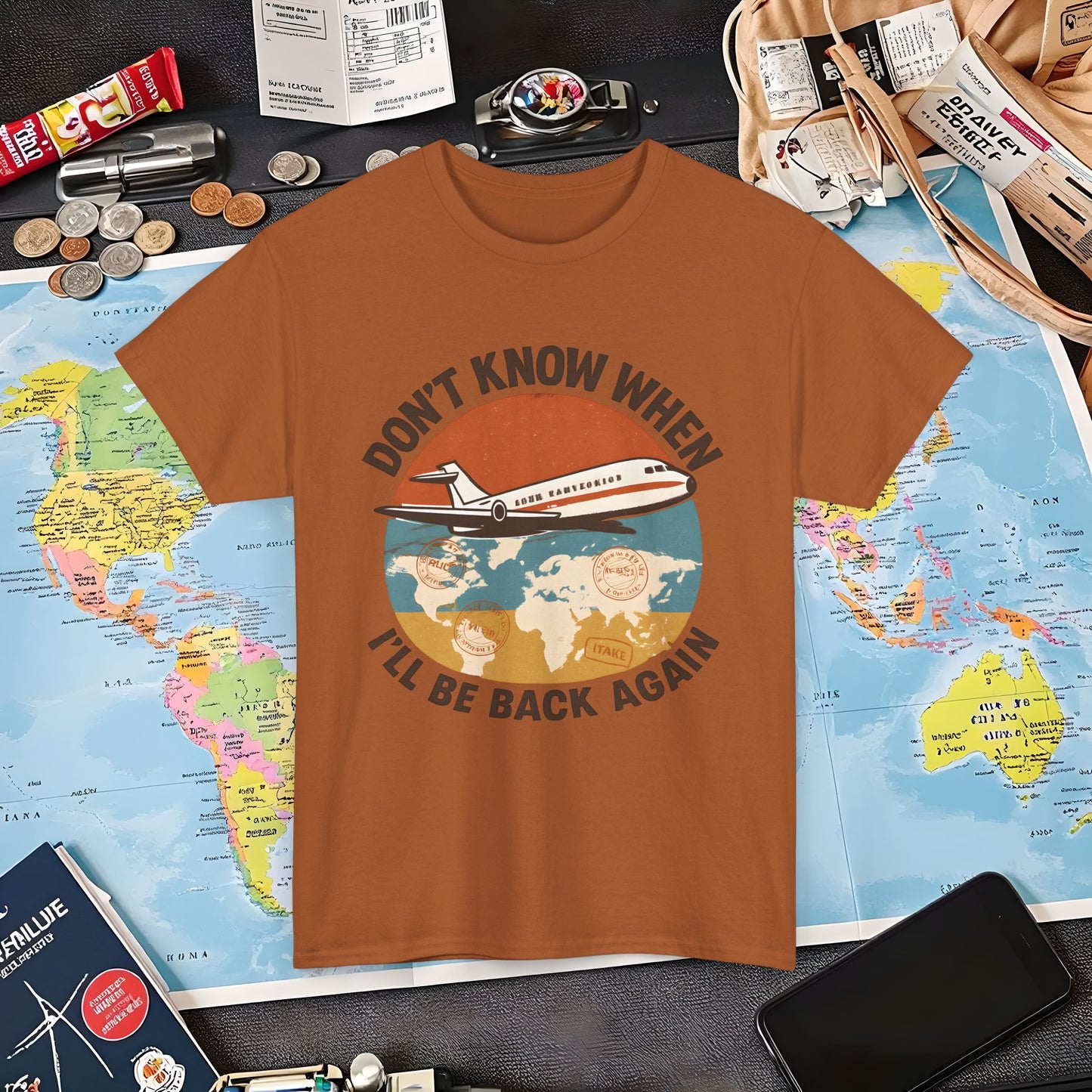 Don’t Know When I’ll Be Back Again T-Shirt – Retro ’70s Jet & Vintage Map Travel Design Air Travel T-Shirts | Jetsetter, Airport, and International Flight Tees