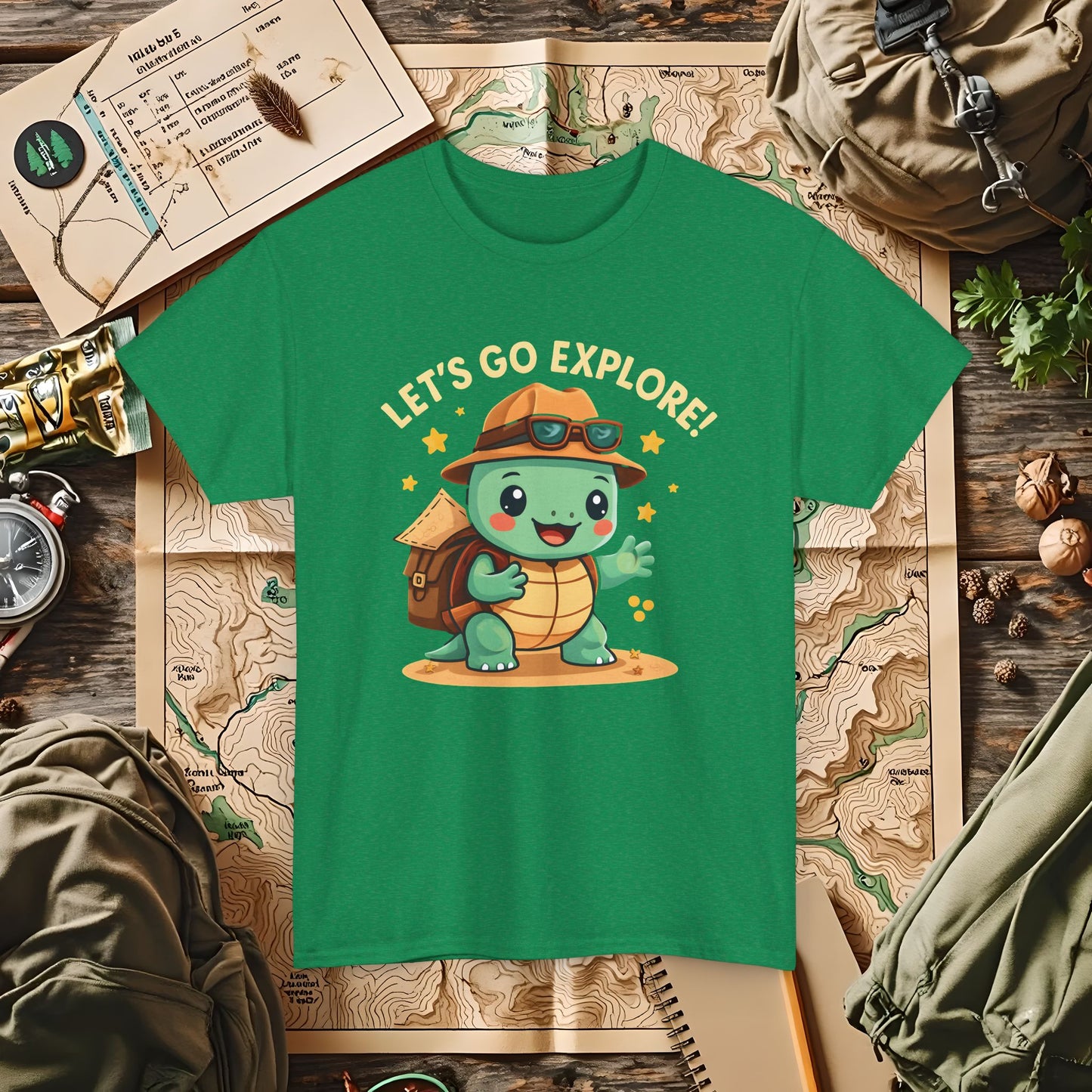 Let’s Go Explore T-Shirt – Cute Turtle Explorer with Travel Gear Design | Camping, Hiking, Rafting & Kayaking Tees for Nature Lovers